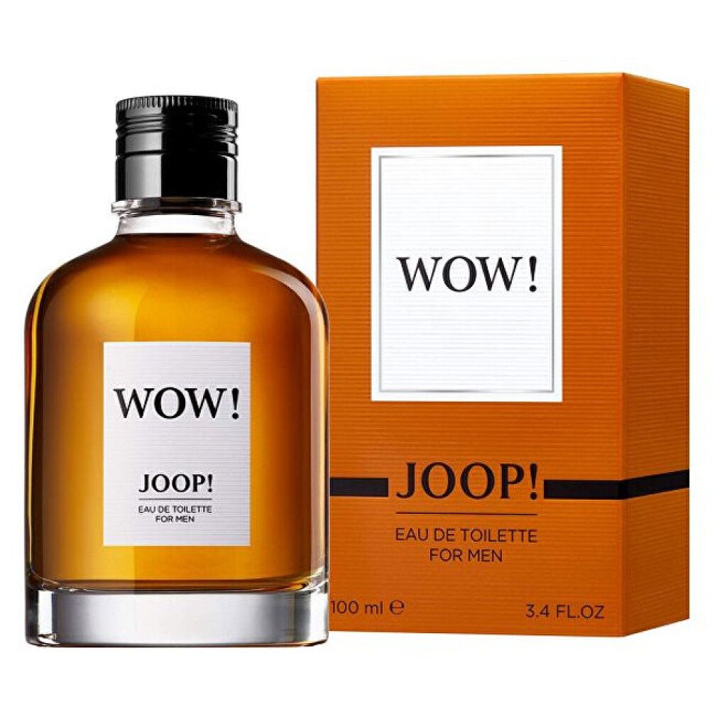 Flacone Joop! Wow EdT e confezione. Flacone con tappo nero, confezione arancione con scritta bianca.