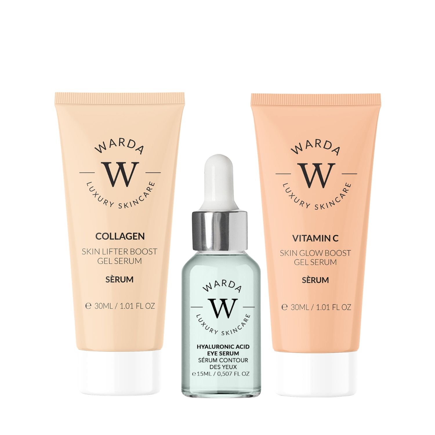 Set Warda Luxury Skincare. Tre prodotti: due tubi, un flacone. Collagene, Vitamina C, Acido Ialuronico. Logo bianco.