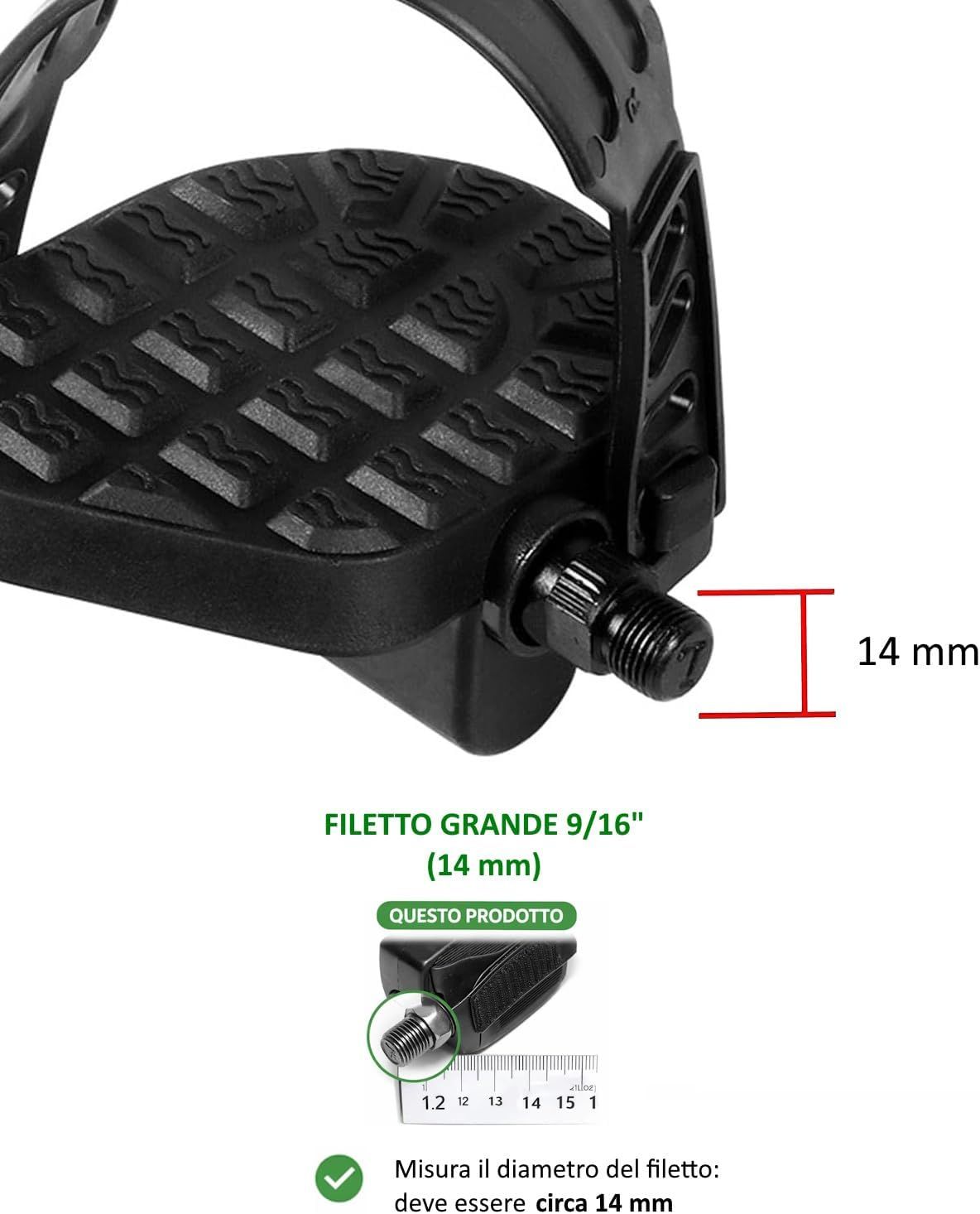 Pedale per bicicletta nero con cinghia e superficie antiscivolo. Filettatura 9/16 pollici (14 mm).