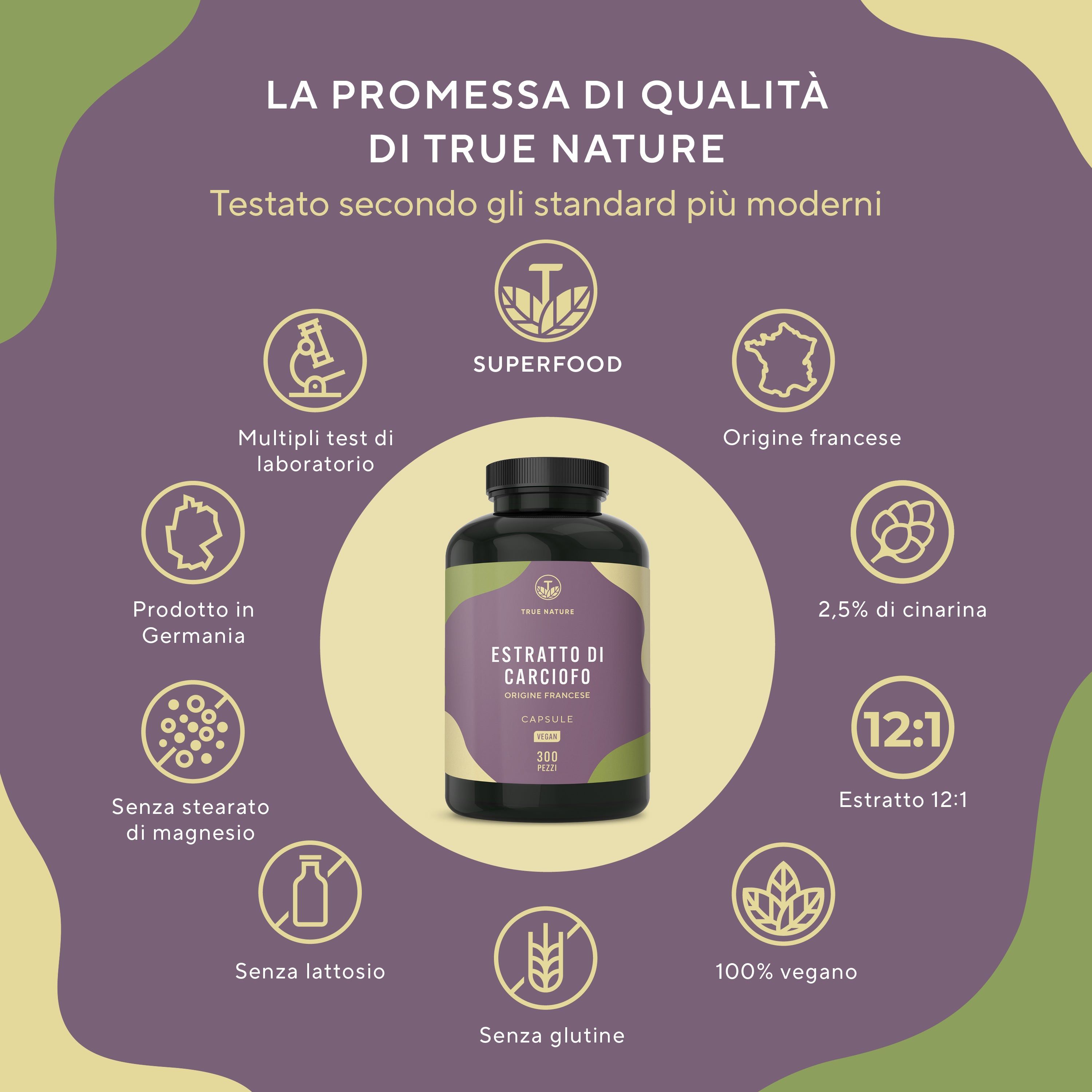 Flacone con capsule. Testo: 2,5% cinarina, estratto 12:1, Made in Germany, senza lattosio, senza glutine, 100% vegano.