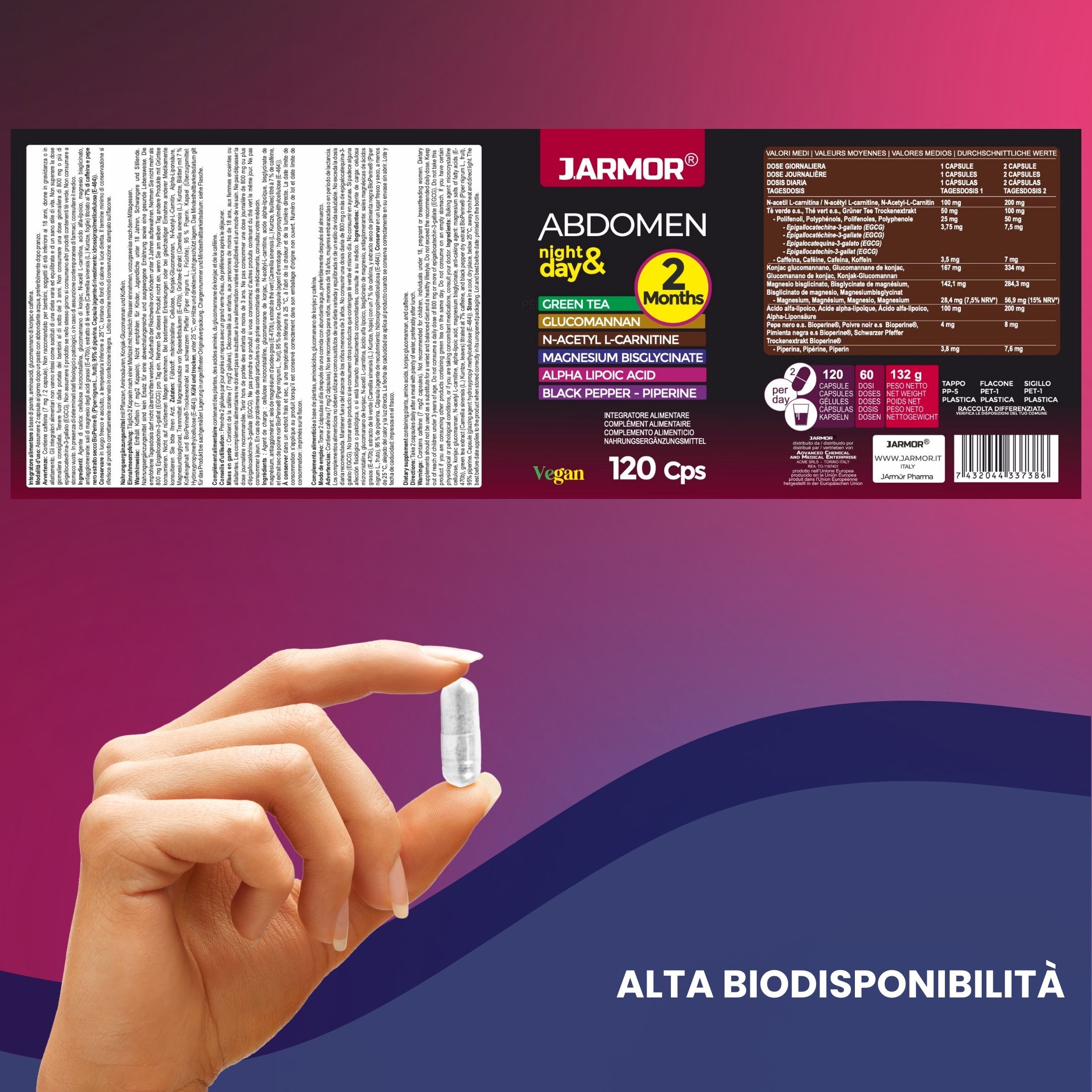 Confezione del prodotto. Flacone di capsule, testo: JARMOR, Abdomen night & day, 2 mesi. Ingredienti. Alta biodisponibilità.