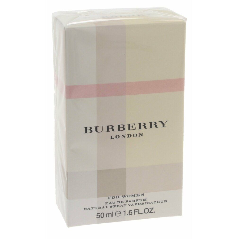 Confezione di Burberry London per donna. Scatola bianca con motivo a quadri rosa. Nome del prodotto e dettagli.