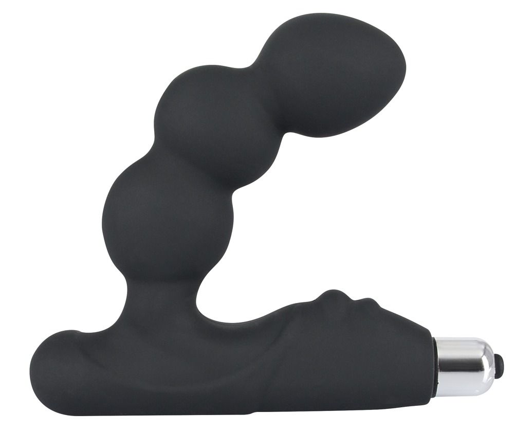 Stimolatore prostatico nero con tre sfere e forma angolare. Estremità argentata. Superficie liscia.