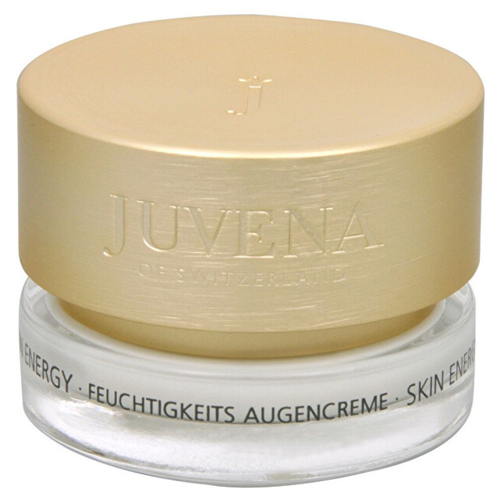 Vasetto di crema con coperchio dorato. Scritta: JUVENA OF SWITZERLAND. Testo: SKIN ENERGY, FEUCHTIGKEITS AUGENCREME.