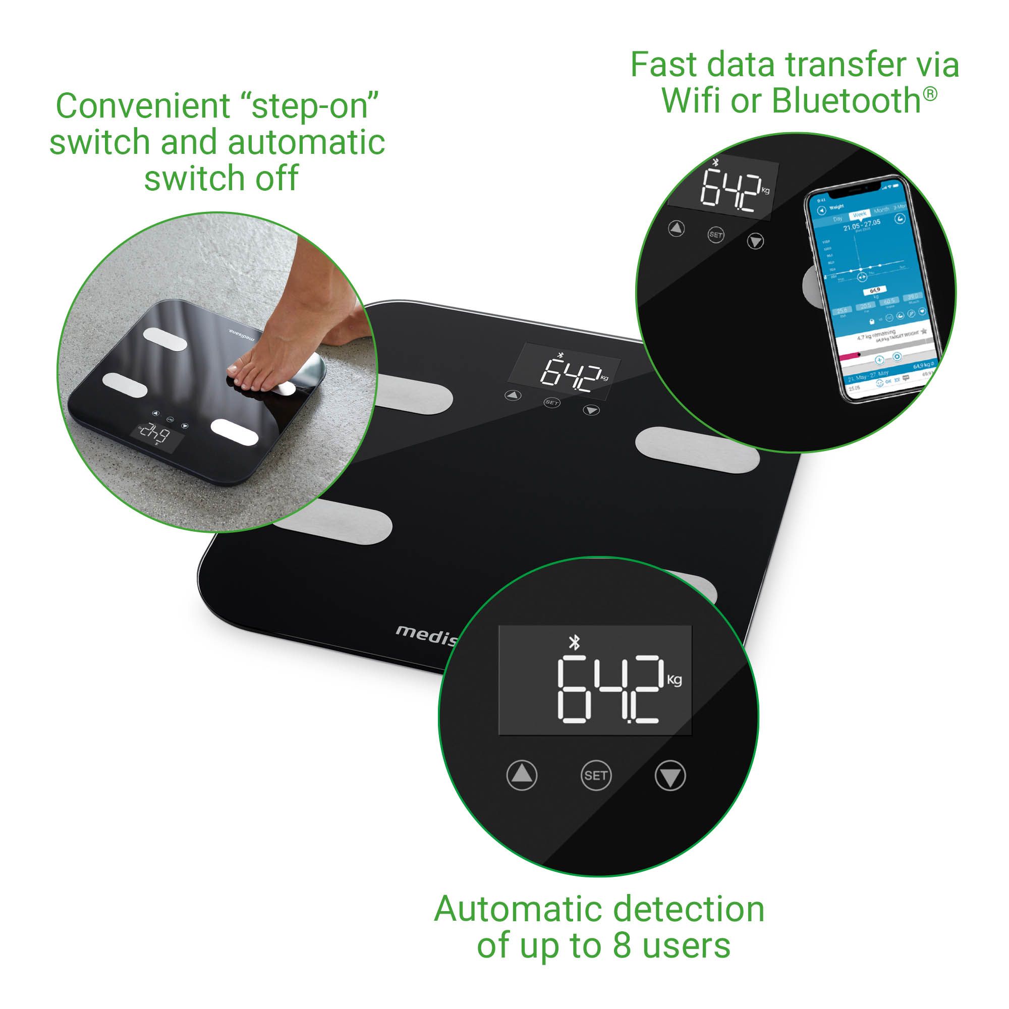 Bilancia nera con display digitale. Rilevamento automatico fino a 8 utenti. Trasferimento dati tramite Wi-Fi/Bluetooth.