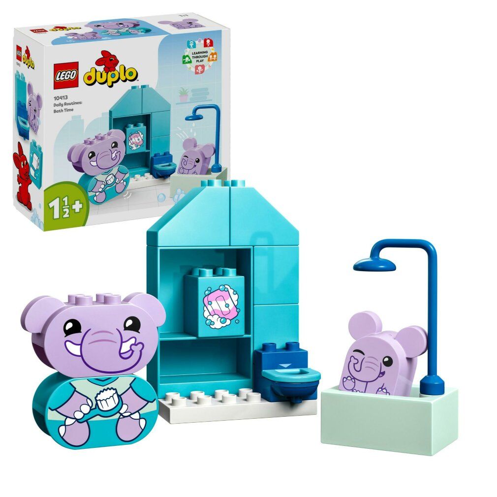Set LEGO DUPLO con personaggi elefante, vasca da bagno, servizi igienici e doccia. La confezione mostra il set. Età consigliata 1 1/2+.
