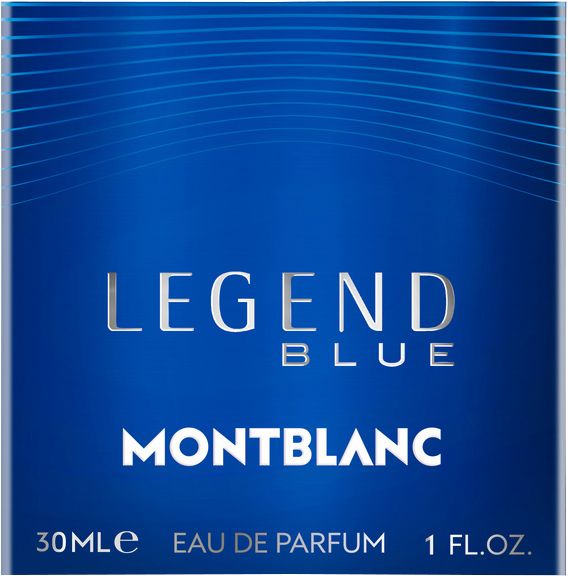 Scatola blu. Scritta: LEGEND BLUE, MONTBLANC, 30ml Eau de Parfum, 1 Fl.oz.