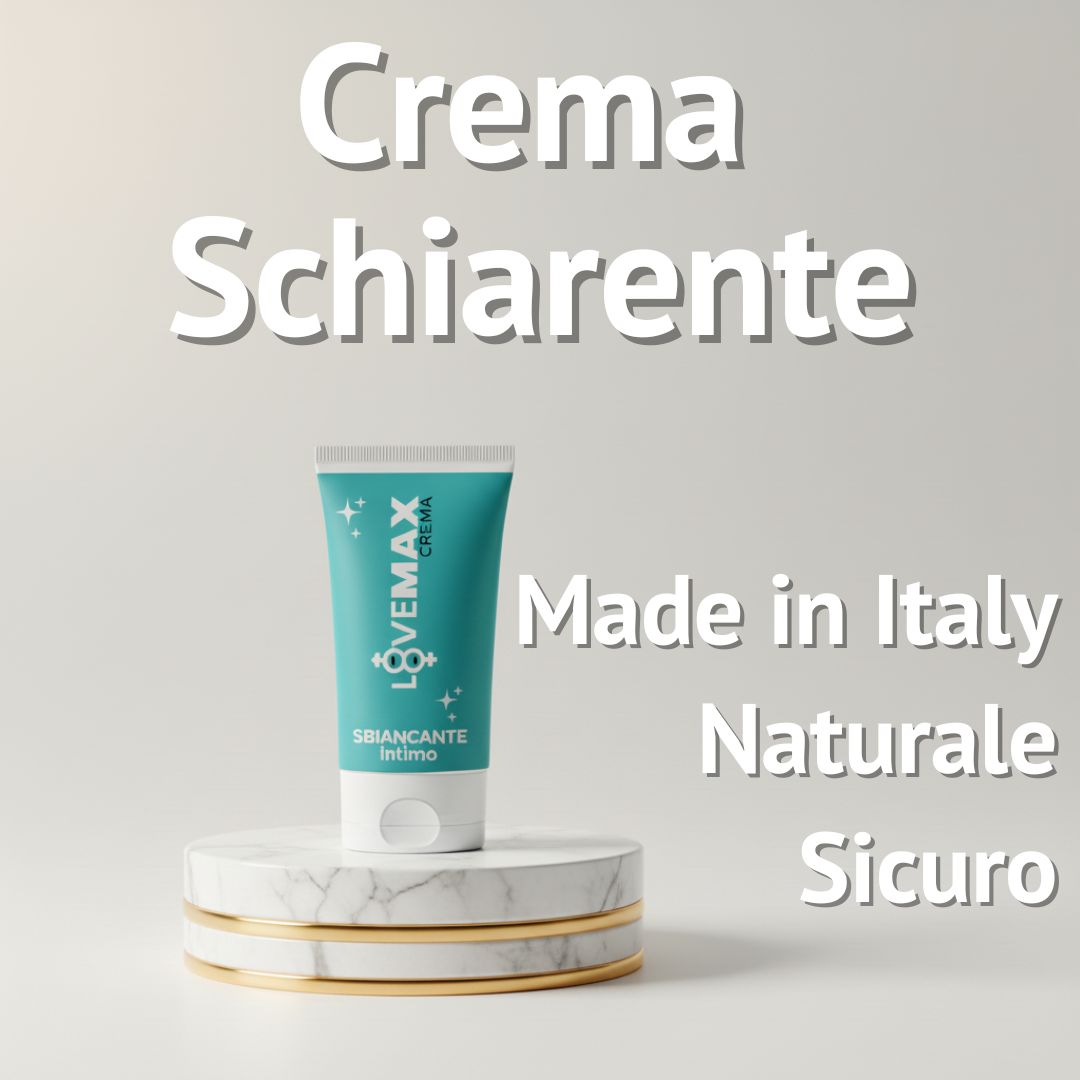 Tubo turchese su piedistallo. Testo: Crema Schiarente, Made in Italy, Naturale, Sicuro.