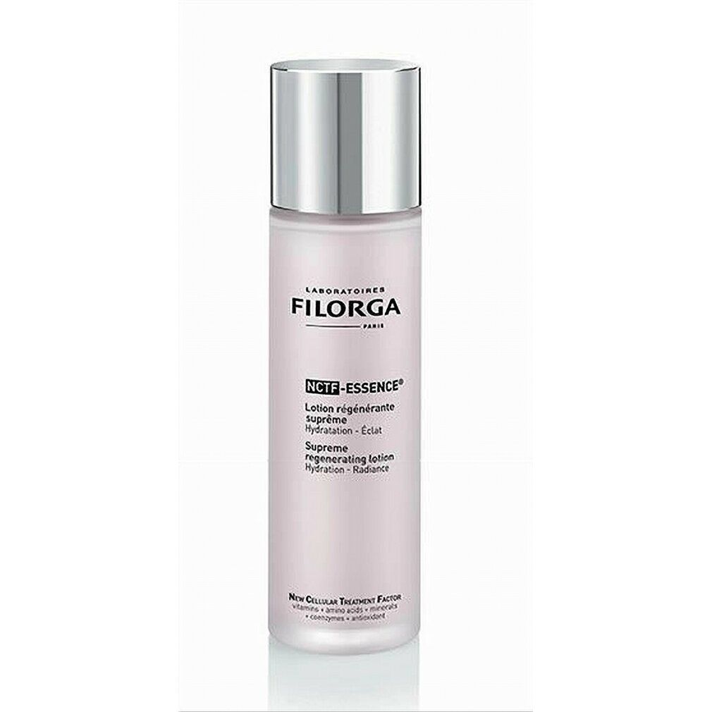 Flacone Filorga NCEF Essence. Liquido rosa, tappo argento. Testo: NCEF-Essence, Lotion régénérante suprême.