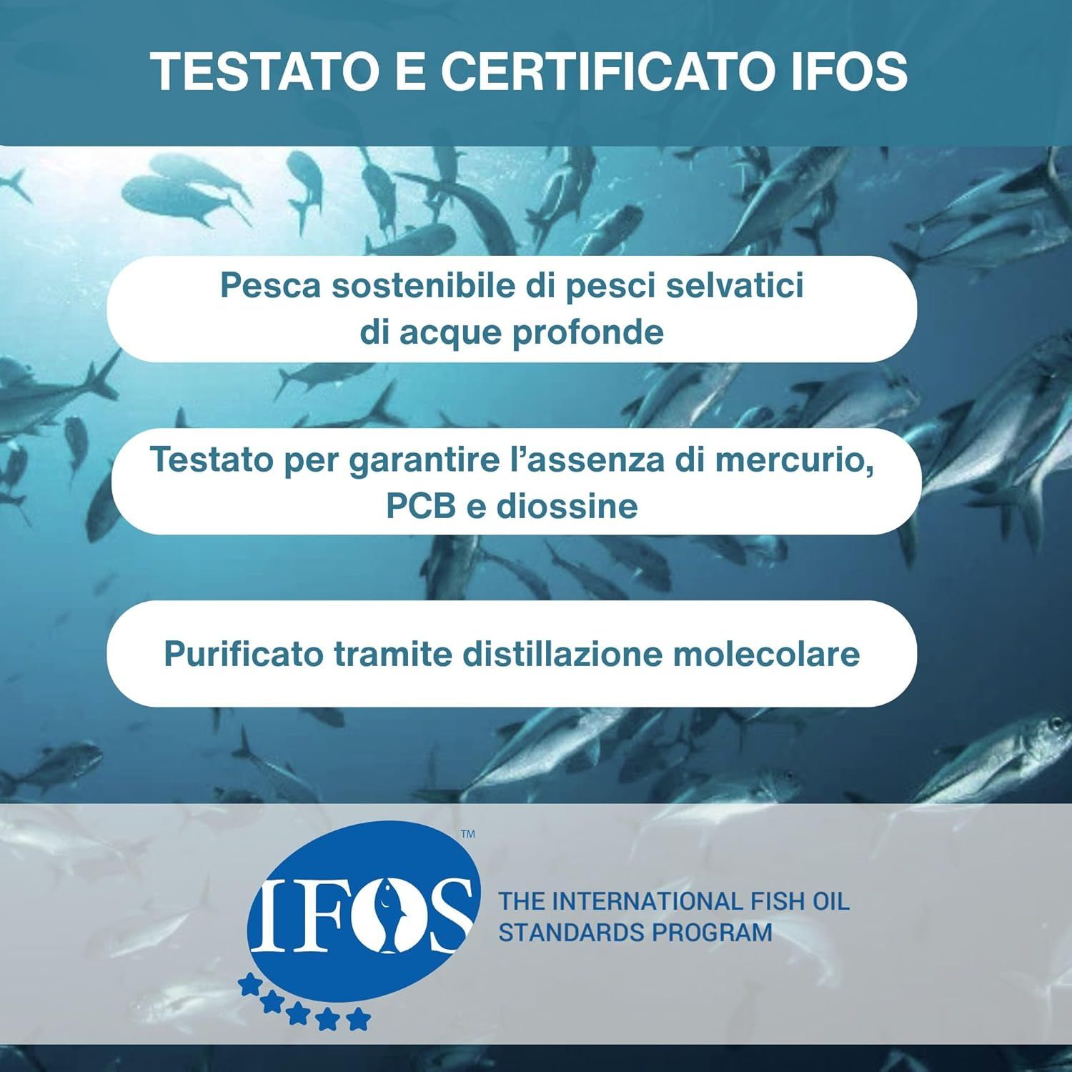 Grafica italiana: Testato e certificato IFOS, pesca sostenibile, privo di inquinanti.