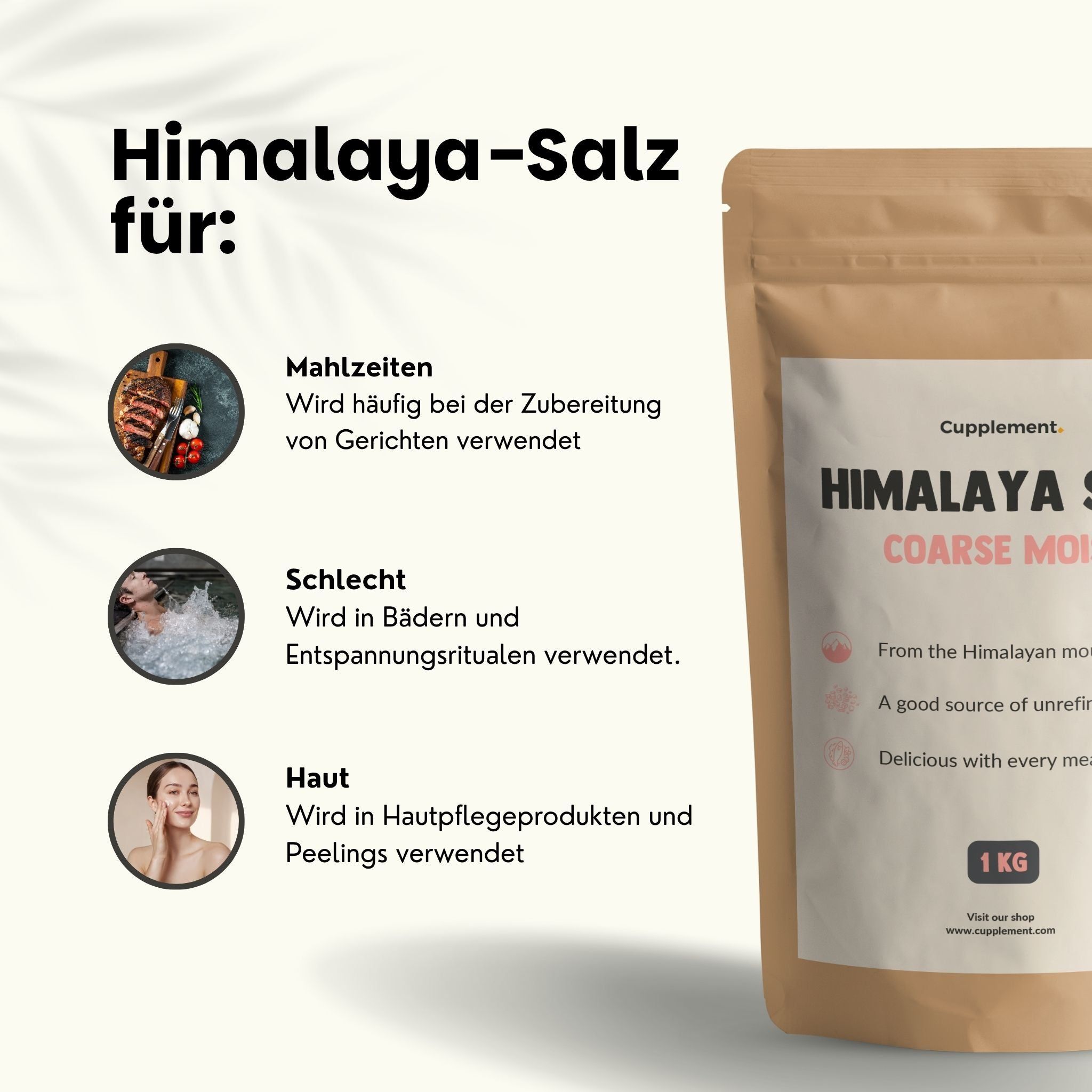 Sale dell'Himalaya per pasti, bagni e cura della pelle. Sacchetto da 1kg, grana grossa.