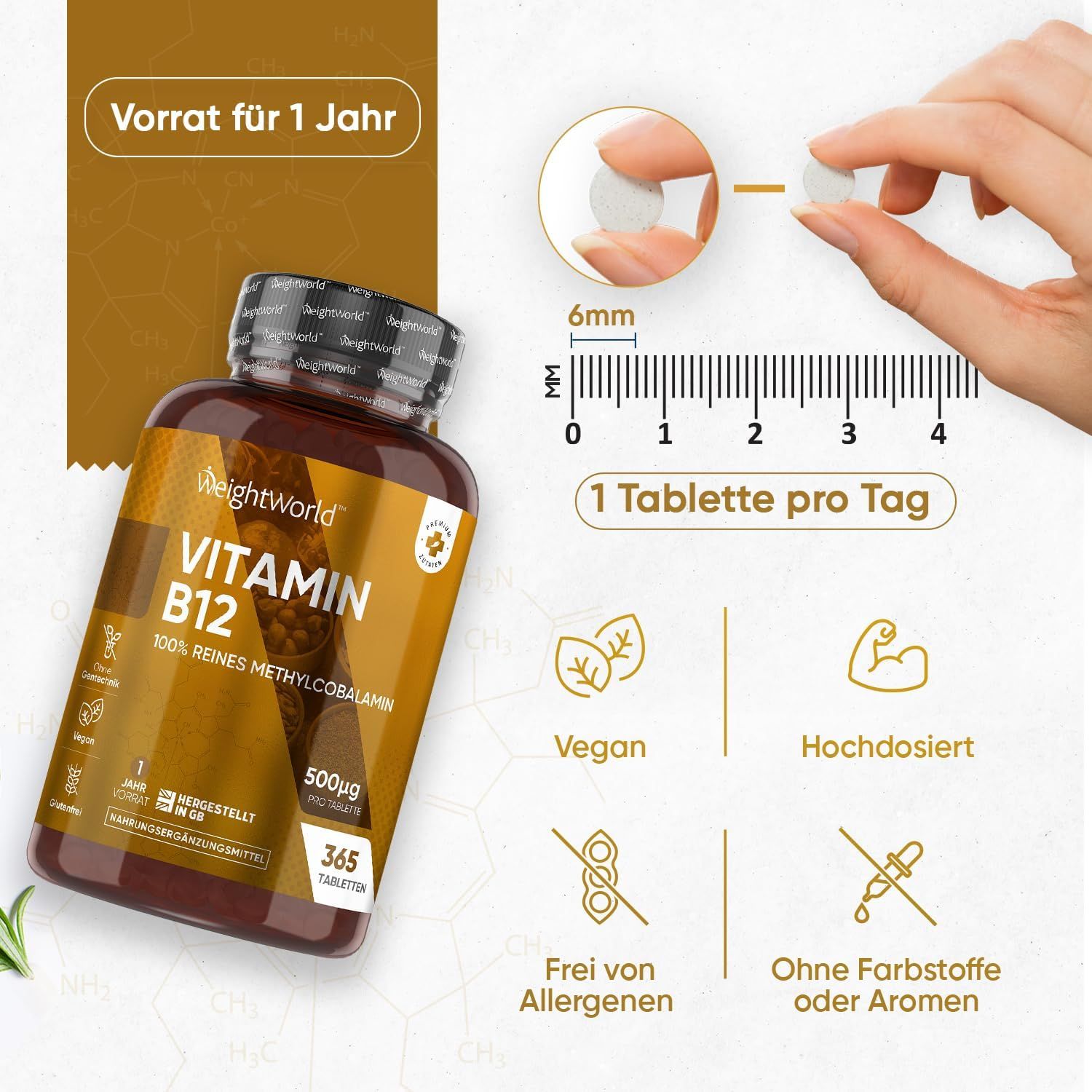 Flacone marrone di compresse di vitamina B12. Testo: WeightWorld, Vitamin B12, 500µg, 365 compresse. 1 compressa al giorno. Vegano, ad alto dosaggio, senza allergeni.