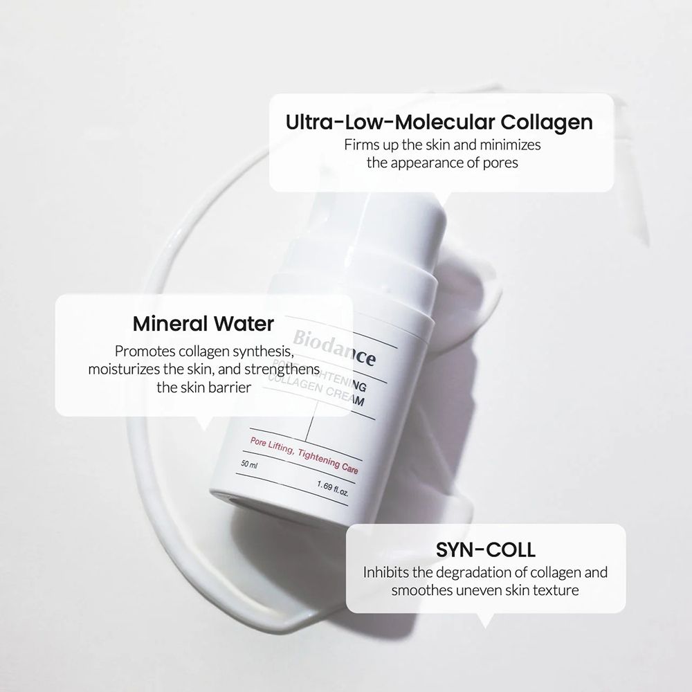 Flacone di prodotto con testo: Biodance Pore Tightening Collagen Cream. Etichette: Ultra-Low-Molecular Collagen, Mineral Water, SYN-COLL.
