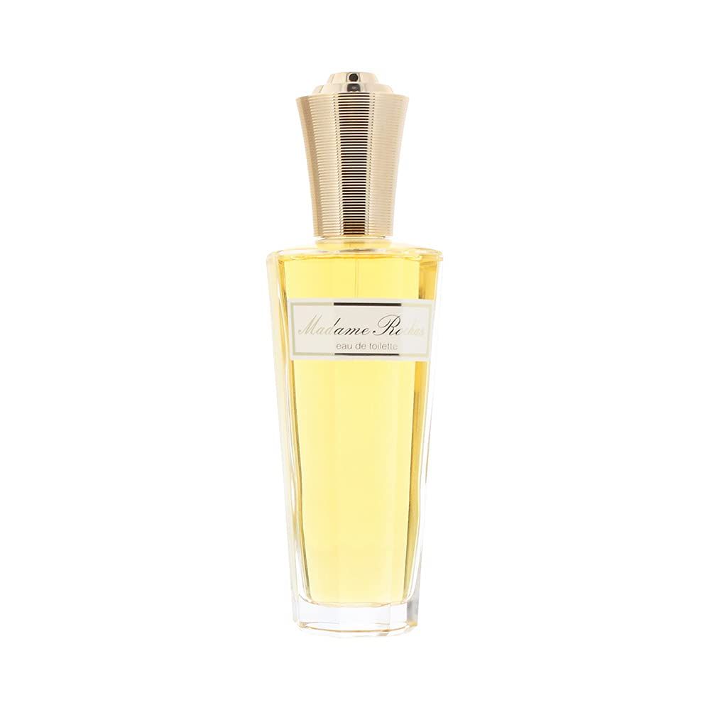 Flacone di profumo con tappo dorato. Scritta: Madame Rochas Eau de Toilette.