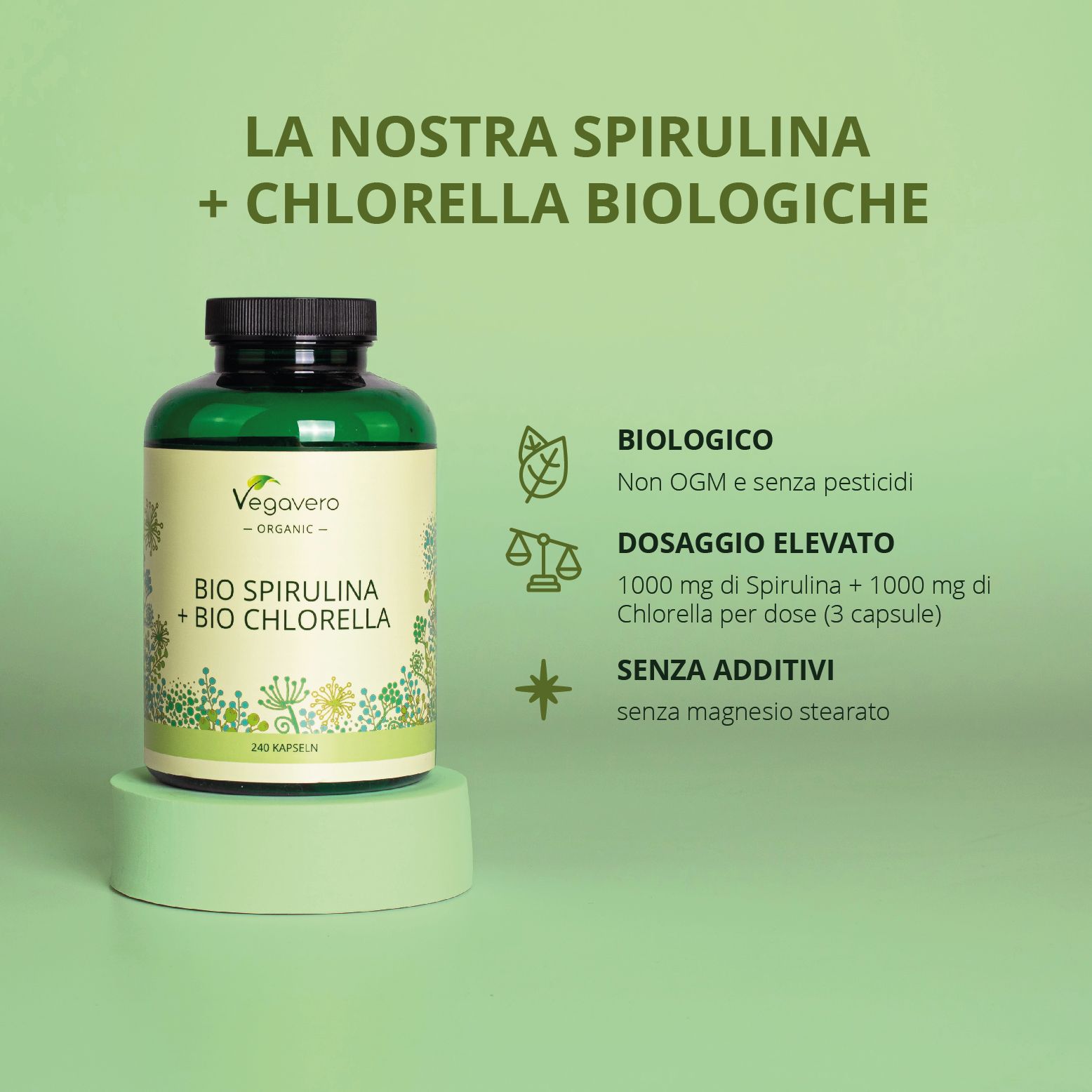 Flacone verde con capsule. Testo: BIO SPIRULINA + BIO CHLORELLA. Icone: foglia, bilancia. Testo: Biologico, dosaggio elevato, senza magnesio stearato.