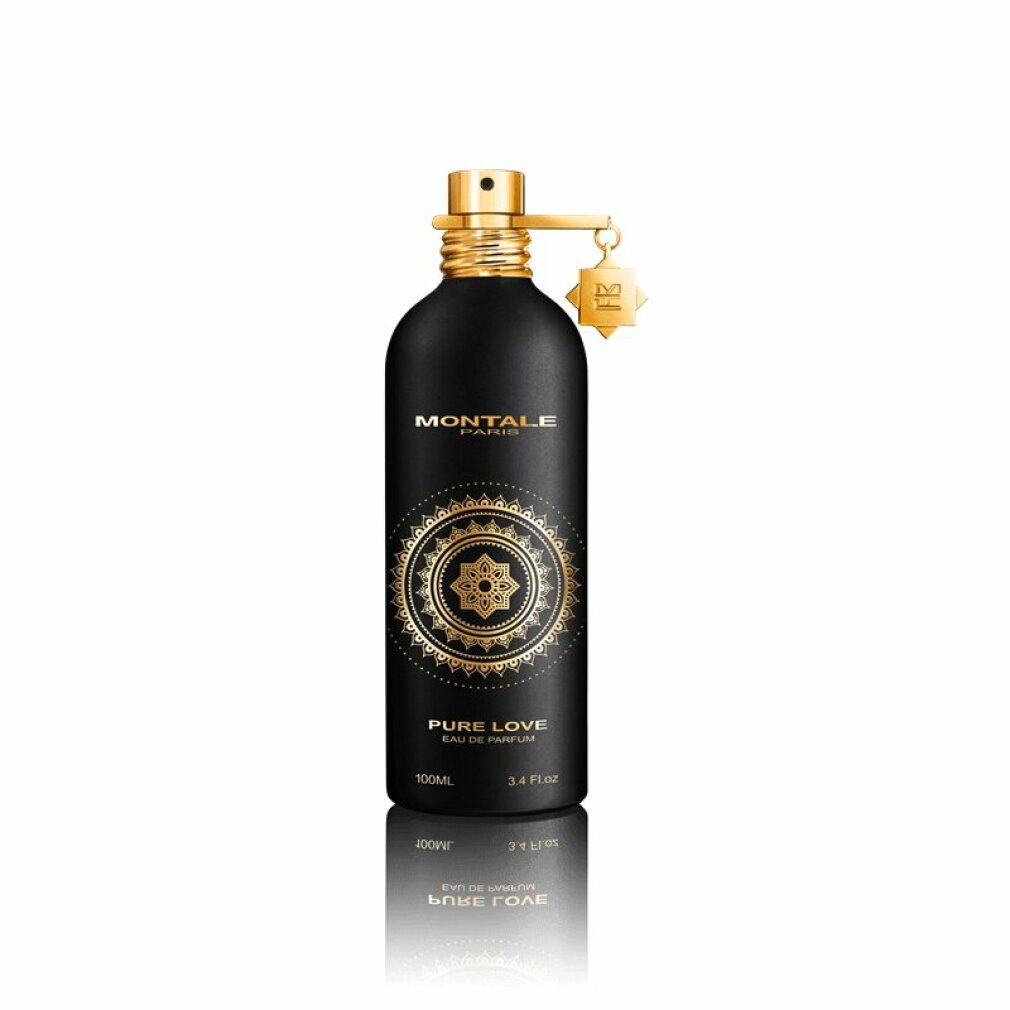 Flacone nero con dettagli dorati. Scritta: MONTALE PARIS, PURE LOVE, Eau de Parfum. Vaporizzatore dorato.