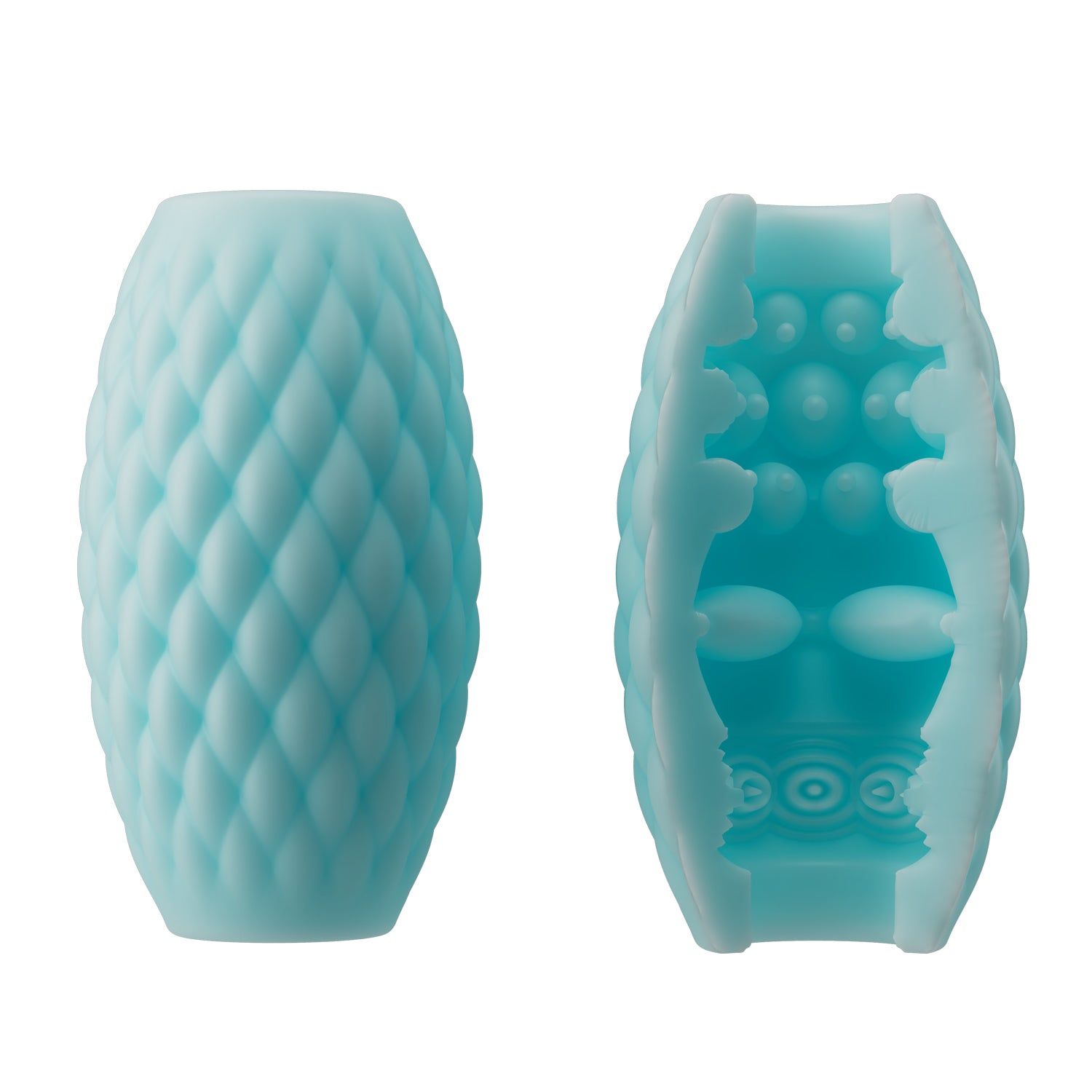 Prodotto benessere blu, a forma di diamante. Struttura interna visibile.