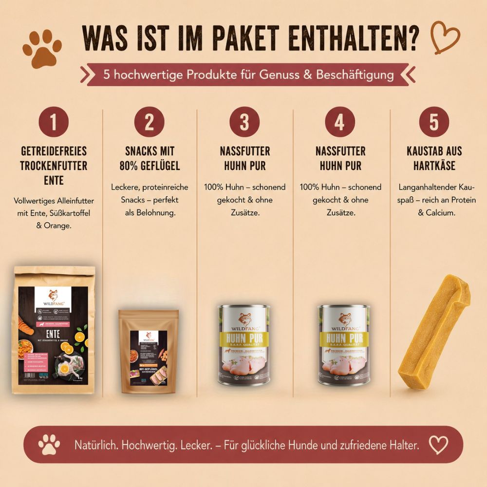 Contenuto del pacchetto "Gockelliebe": crocchette, snack, cibo umido, masticativi.