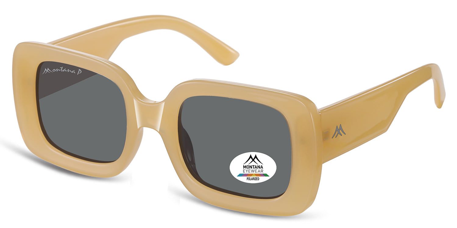 Occhiali da sole beige, lenti quadrate, logo Montana Eyewear. Adesivo Polarized. Aste laterali.