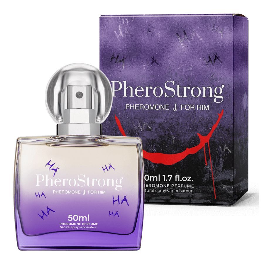 Flacone e scatola profumo PheroStrong, 50ml, sfumatura viola con scritta "HA".