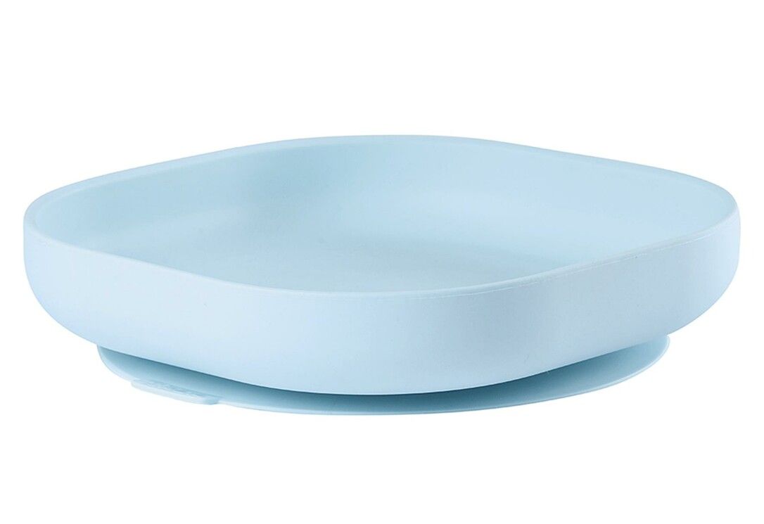 Piatto per bambini azzurro, forma quadrata, base a ventosa.