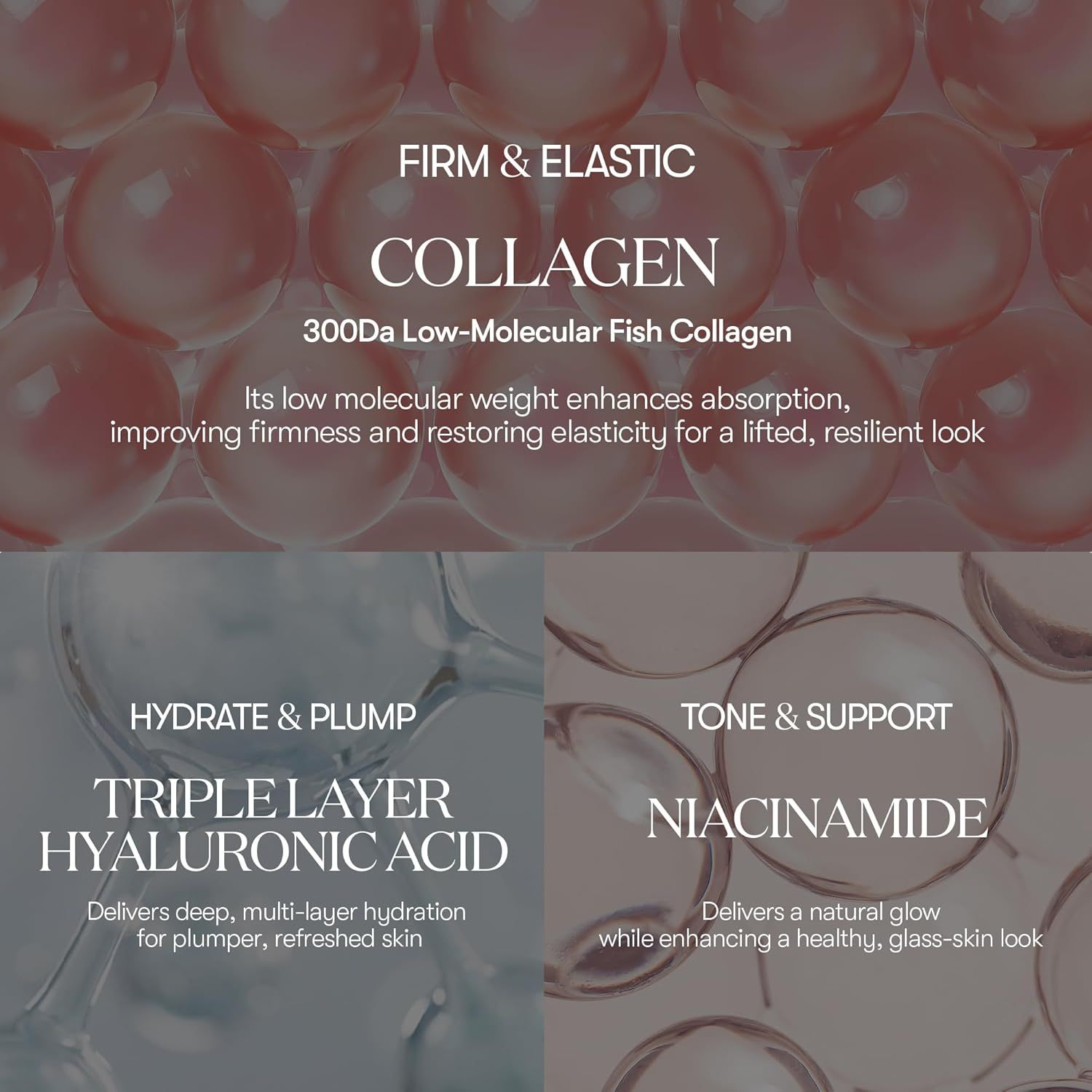 Primo piano di sfere rosa e testo. Testo: Collagen, Triple Layer Hyaluronic Acid, Niacinamide.