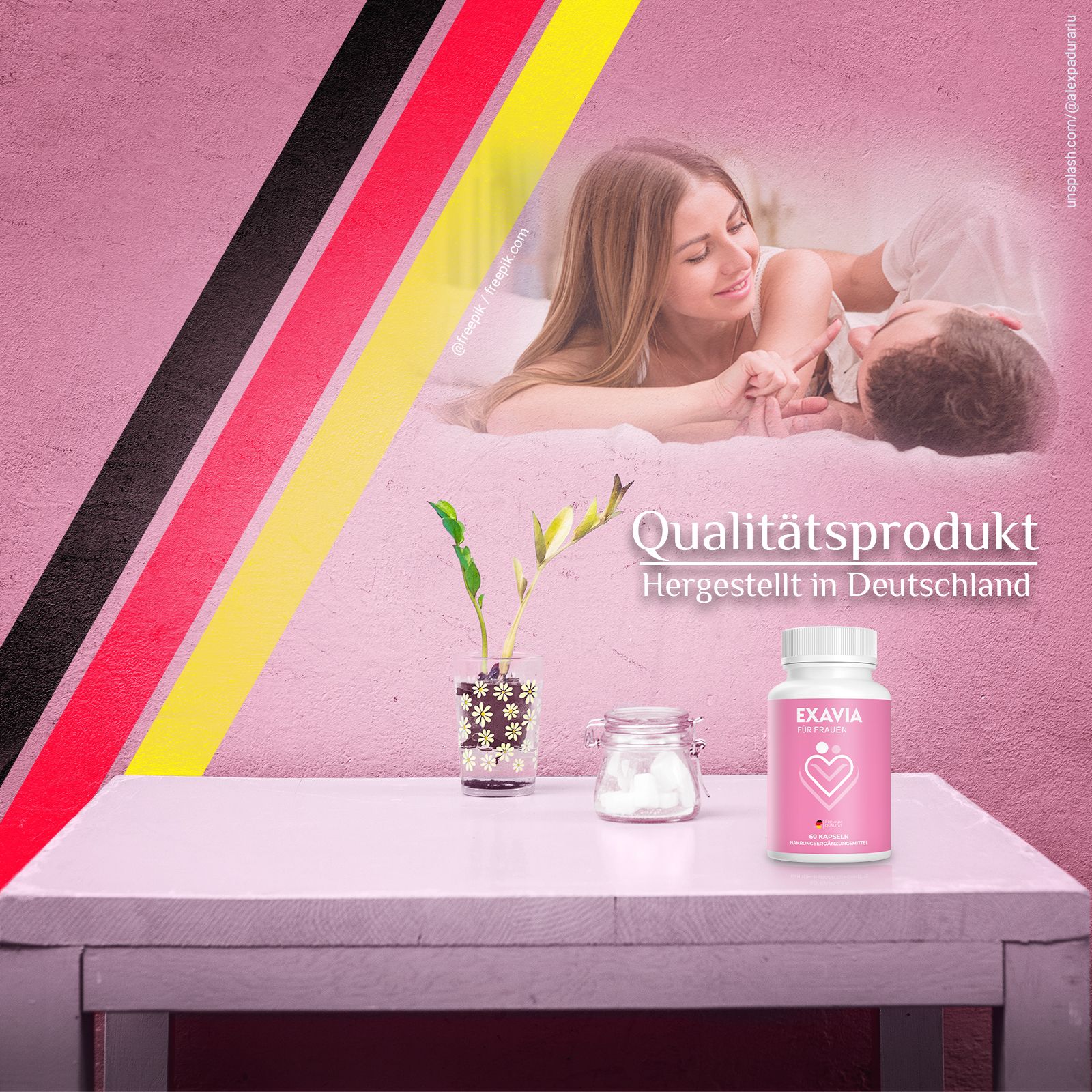 Flacone rosa con tappo bianco. Scritta: EXAVIA. Logo cuore. Prodotto in Germania. Su tavolo. Sfondo: coppia a letto, bandiera tedesca.