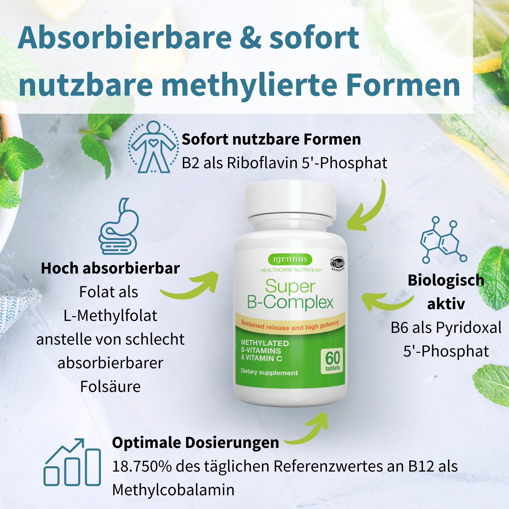 Flacone Igennus Super B-Komplex da 60 compresse, con grafiche che evidenziano assorbimento e attività biologica.