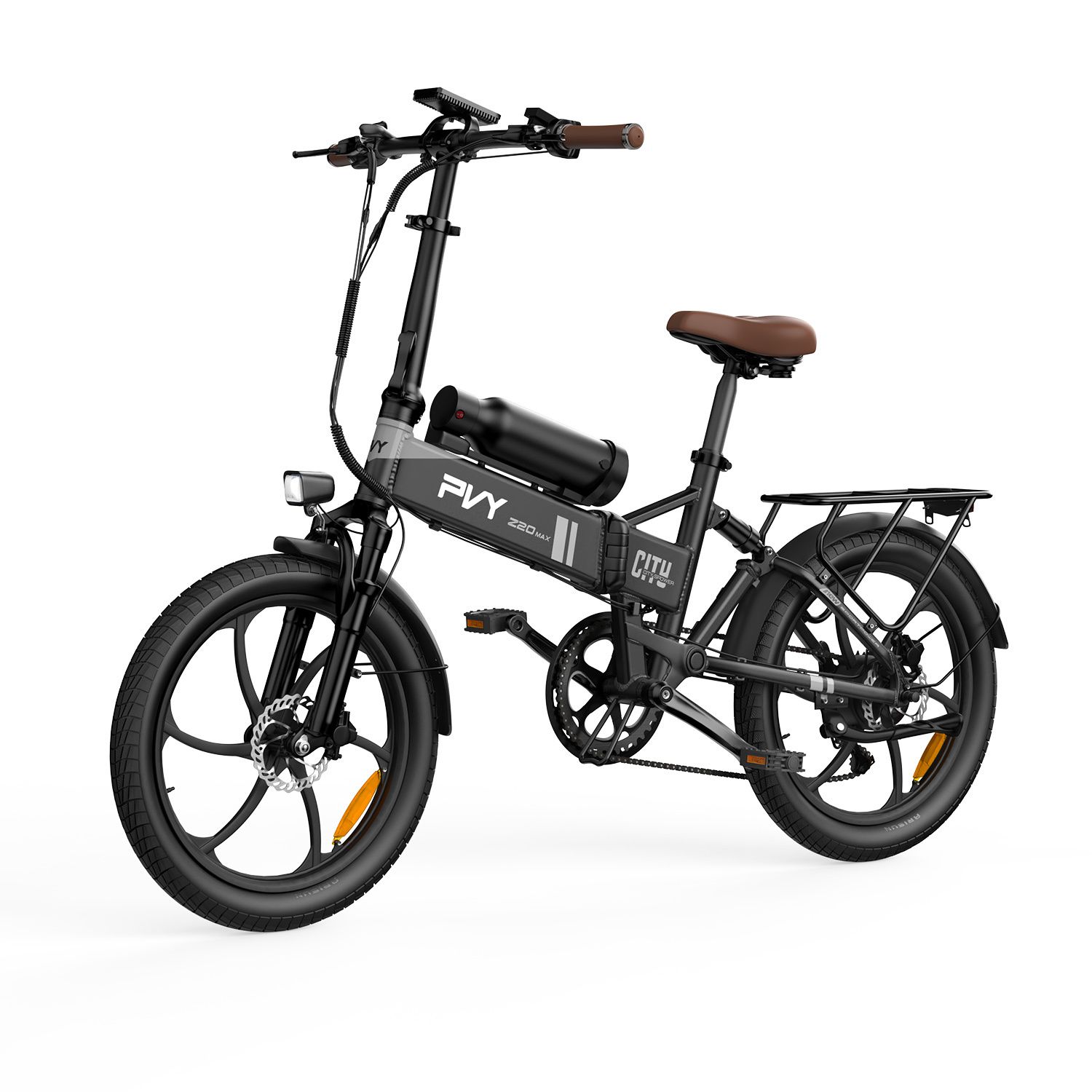 E-bike nero con sella marrone, portapacchi e batteria. Scritta PVY Z20 MAX.