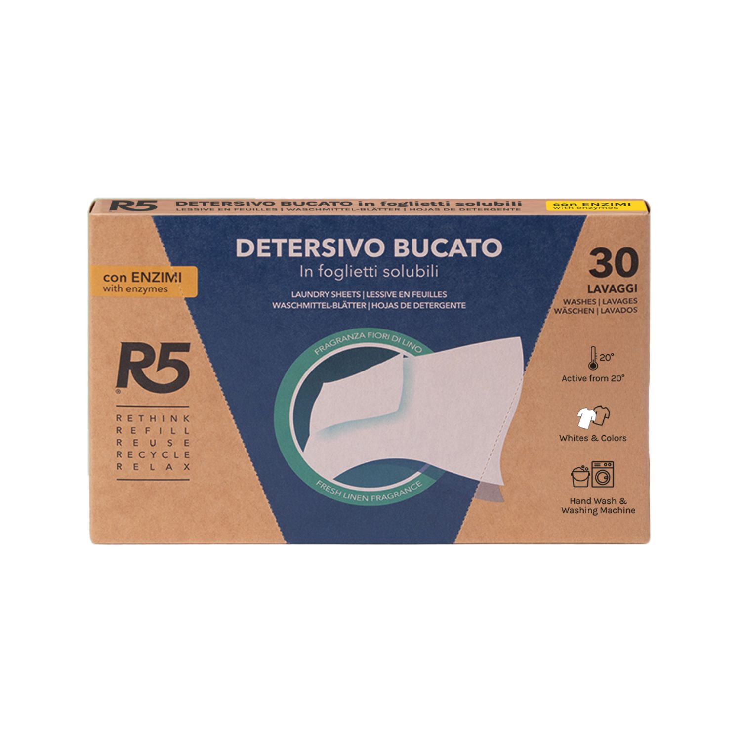 R5 Detersivo Bucato in Foglietti Solubili 30 Lavaggi, Enzimi, Profumo Fiori di Lino