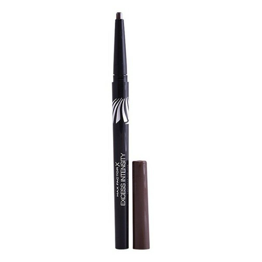 Eyeliner marrone aperto, con matita nera e cappuccio marrone. Scritta: Max Factor Excess Intensity.