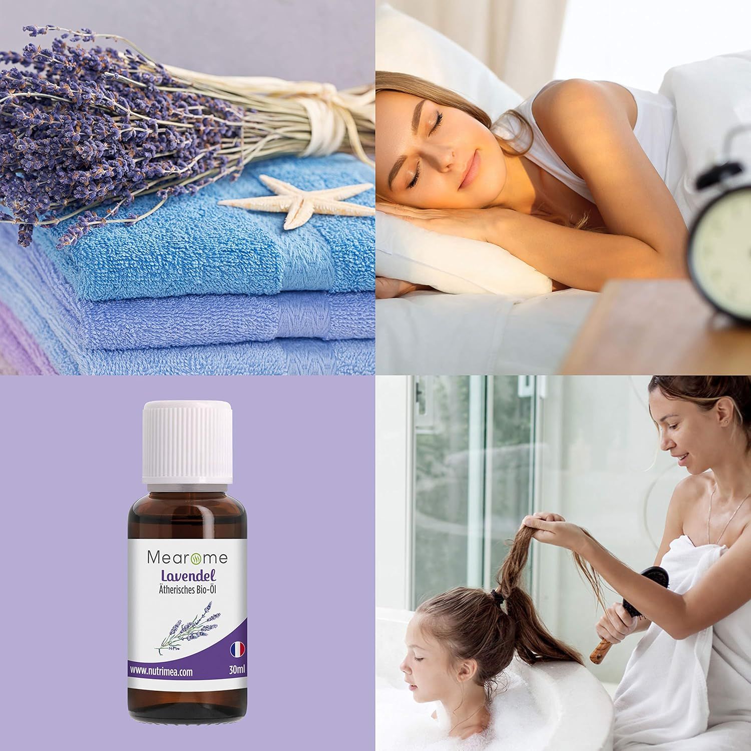 Lavanda, asciugamani, donna a letto, sveglia, flacone con etichetta. Nome del prodotto e bandiera francese.