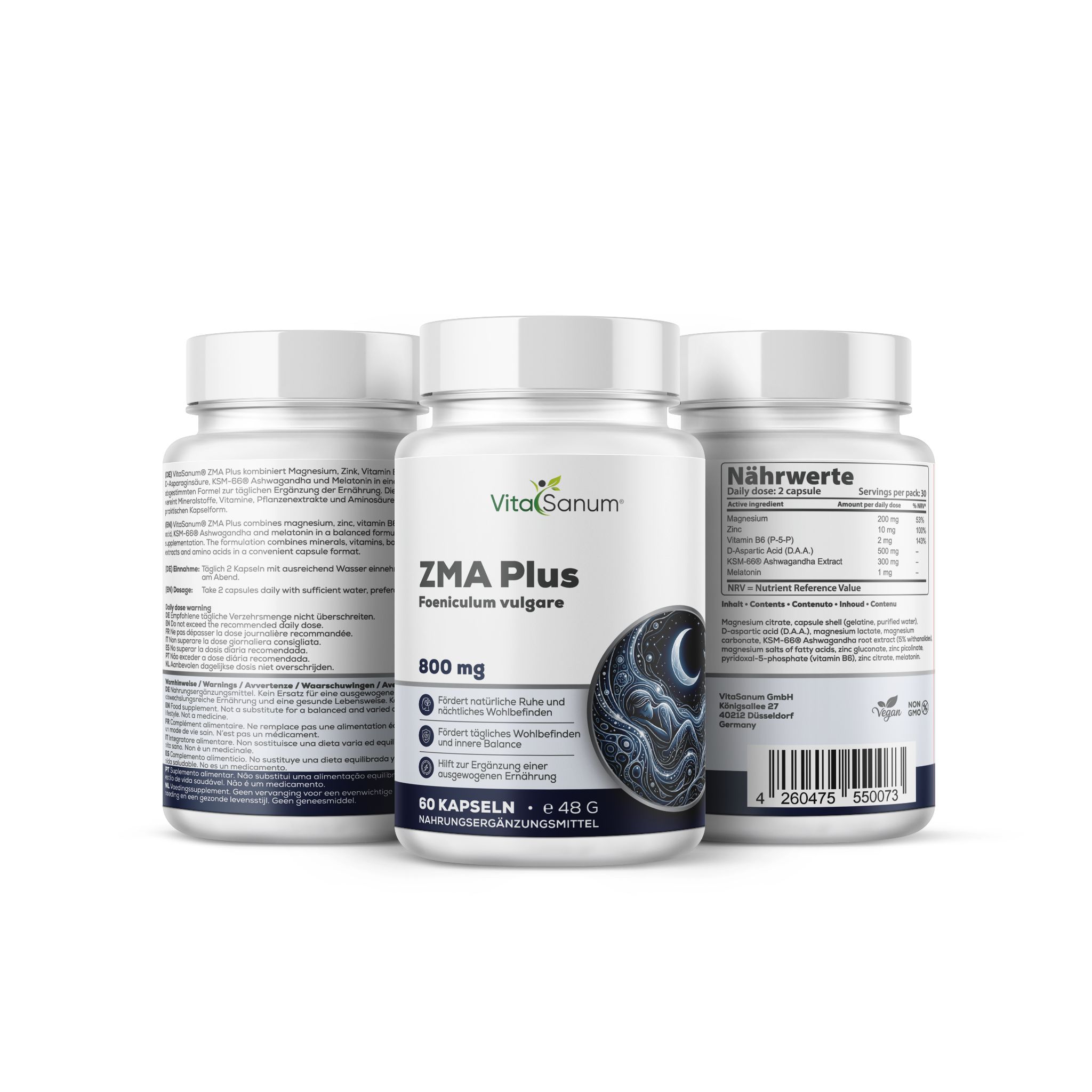 Tre barattoli di capsule VitaSanum ZMA Plus, 800 mg. Fronte con simbolo della luna, retro con informazioni nutrizionali.