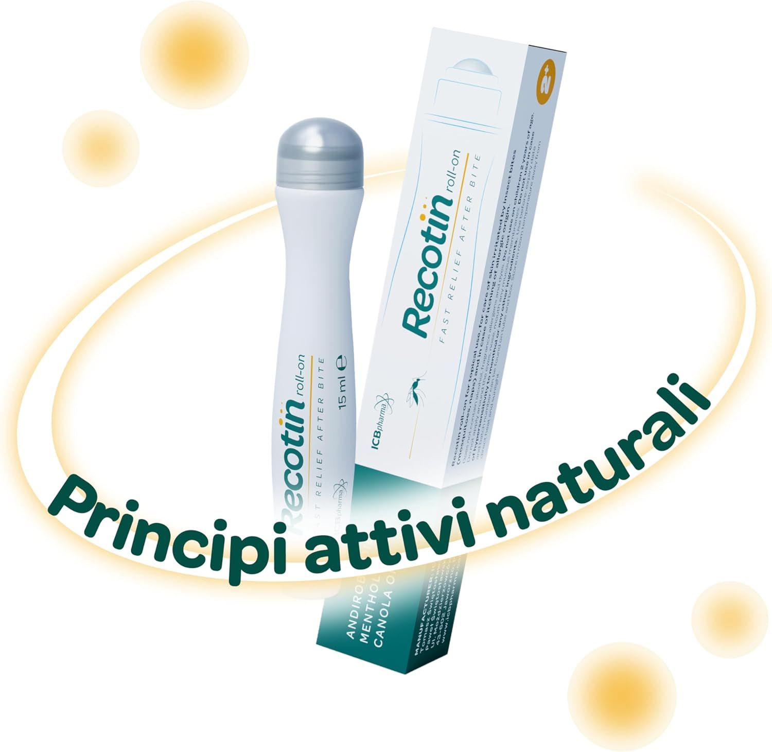Flacone roll-on e confezione. Nome del prodotto: Recotin roll-on. Testo: Principi attivi naturali. Sfondo giallo con cerchi.