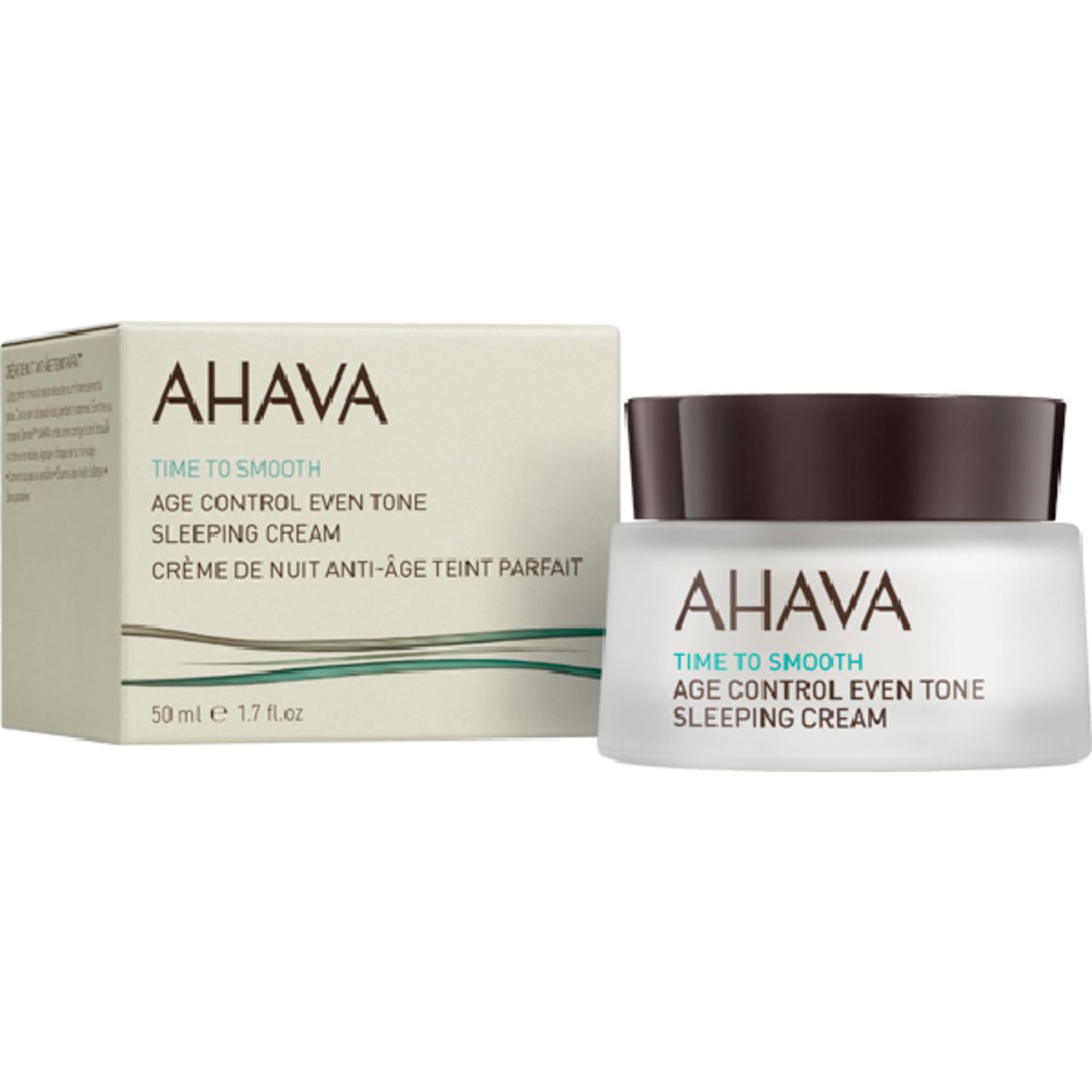 Vaso e scatola di crema. Scritta: AHAVA, Time to Smooth, Age Control Even Tone Sleeping Cream. Crème de Nuit Anti-Âge Teint Parfait.