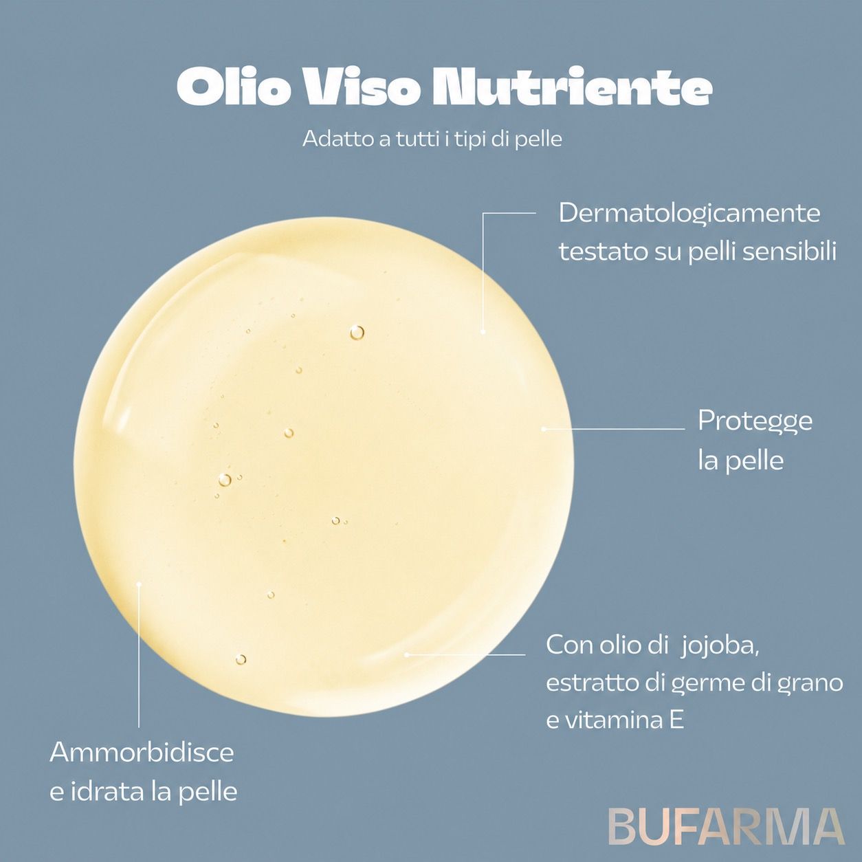 Goccia di olio viso nutriente con olio di jojoba, estratto di germe di grano e vitamina E.
