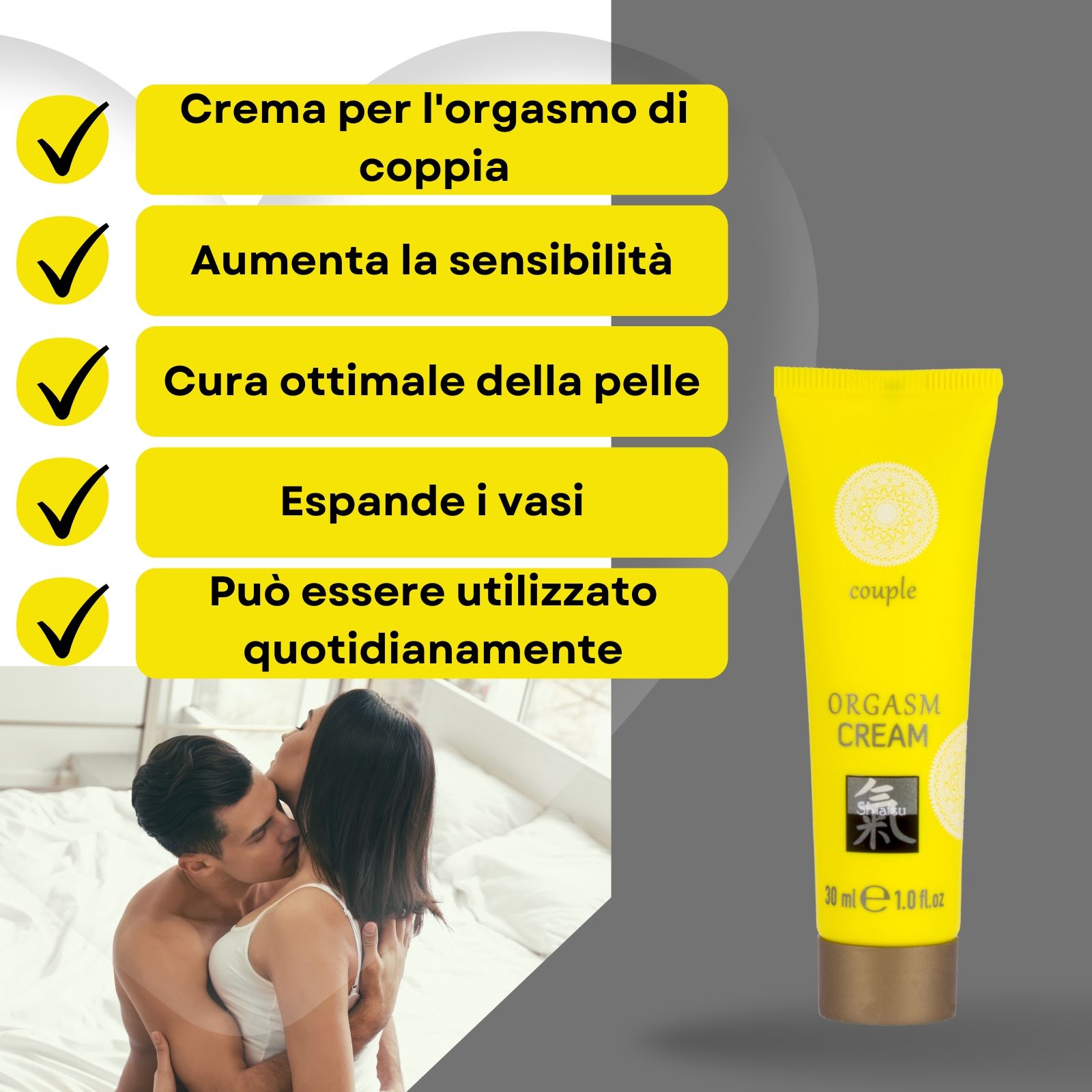 Tubo e scatola gialli. Scritto: ORGASM CREAM, Shiatsu, 30 ml. Coppia sullo sfondo.