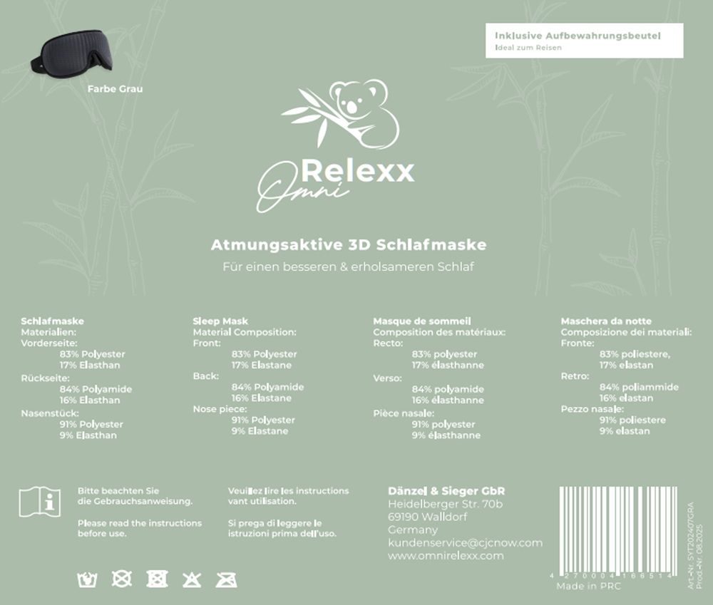 Retro della confezione. Testo in tedesco, italiano, olandese e francese. Composizione della maschera.