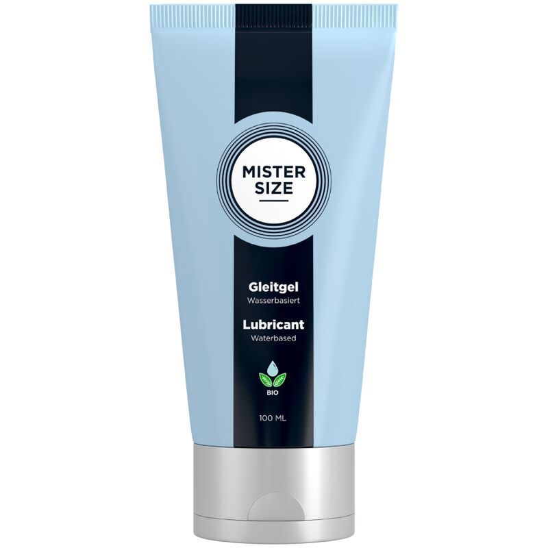 Tubo azzurro con tappo argentato. Striscia nera con logo circolare bianco e testo 'MISTER SIZE Gleitgel Wasserbasiert Lubricant Waterbased'.