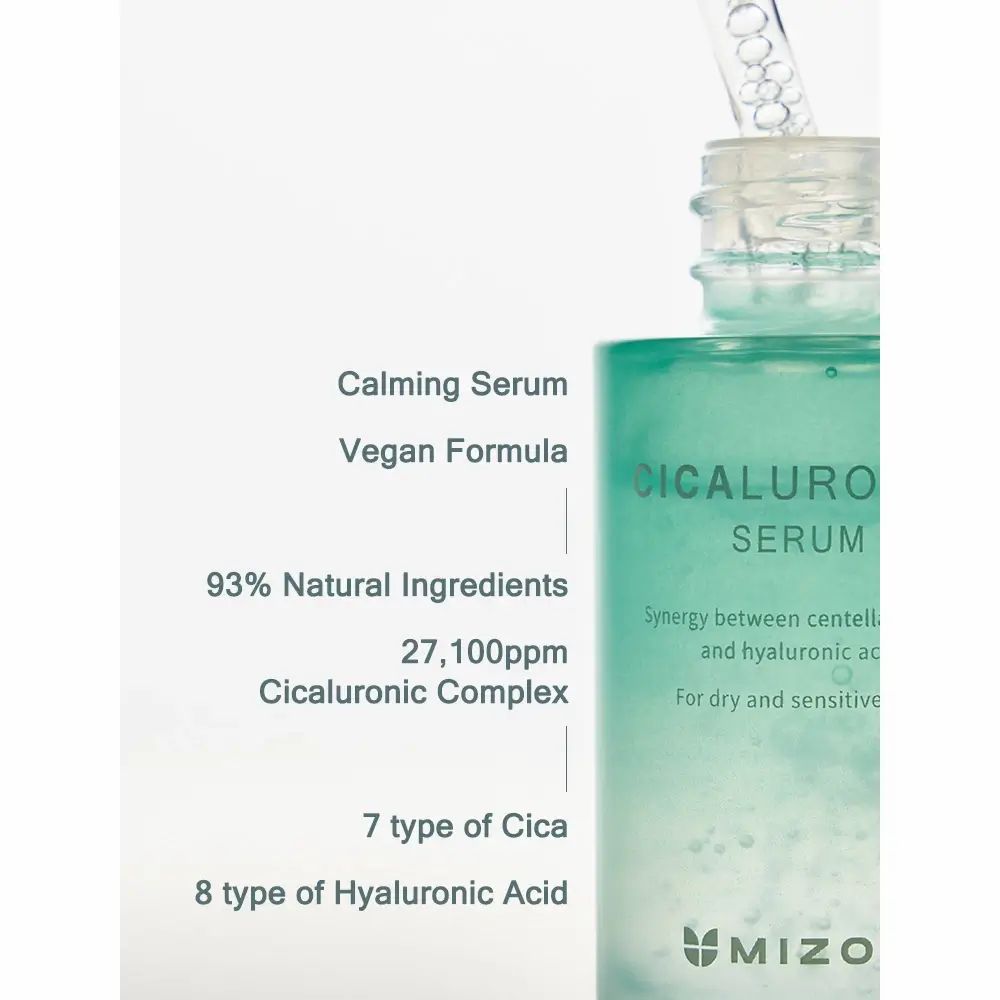 Flacone di siero con pipetta. Scritta: Cicaluronic Serum. Marchio: Mizon. Contiene il 93% di ingredienti naturali.