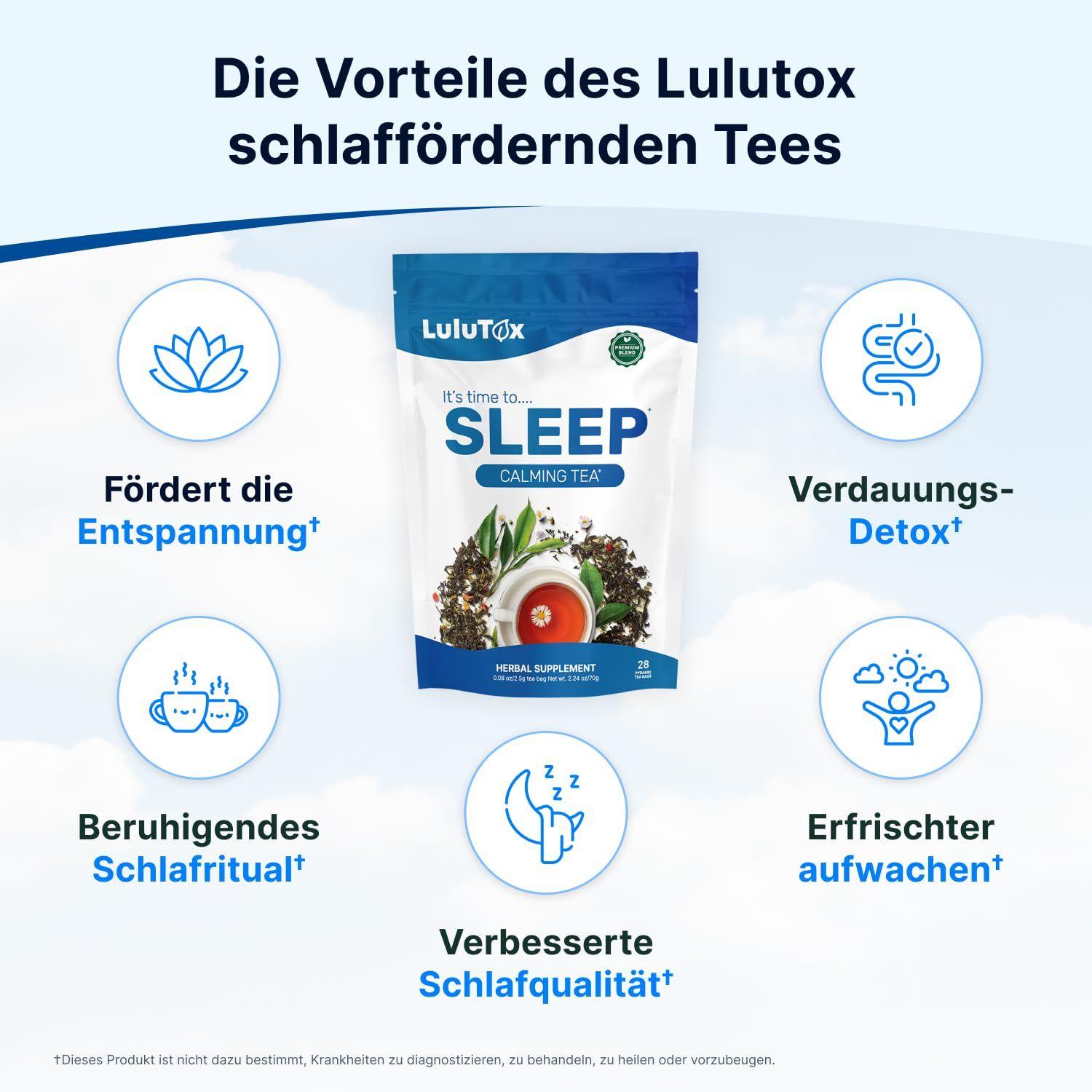 Confezione di tè LULUtox Sleep. Vantaggi: relax, detox, qualità del sonno, rituale del sonno, risveglio fresco. Testo e icone.