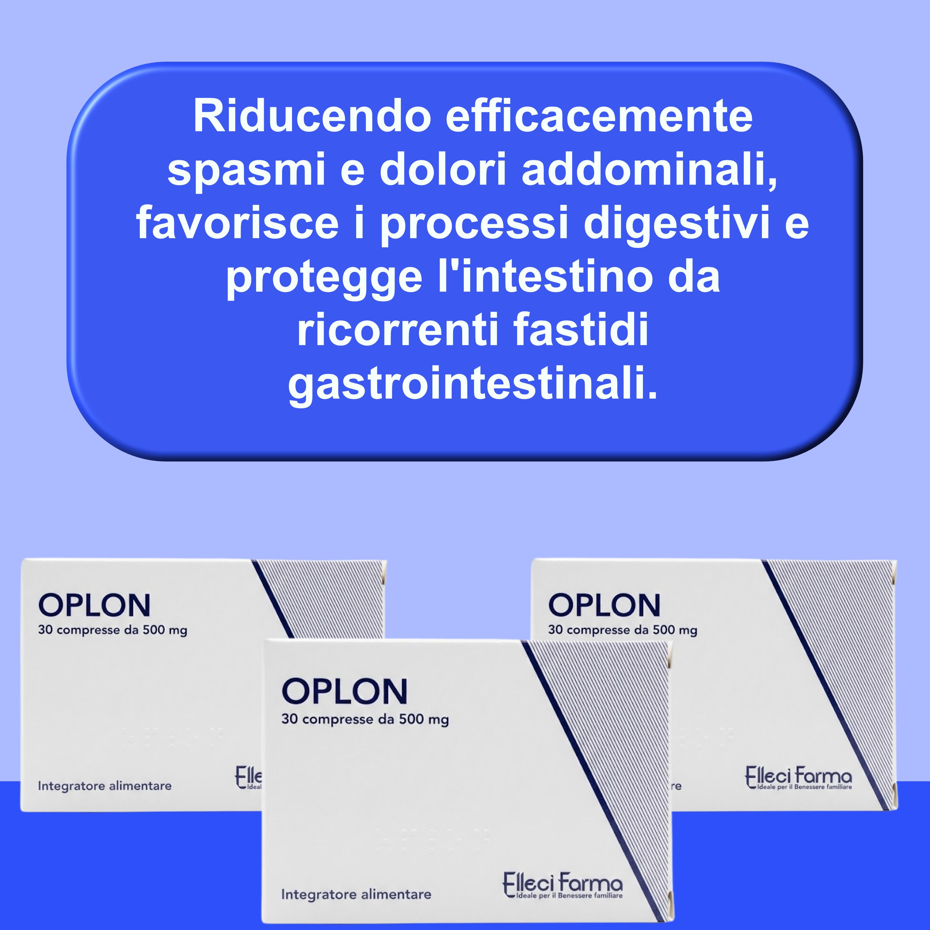Tre scatole OPLON. Infobox blu con testo. Logo Elleci Farma. 30 compresse, 500 mg.