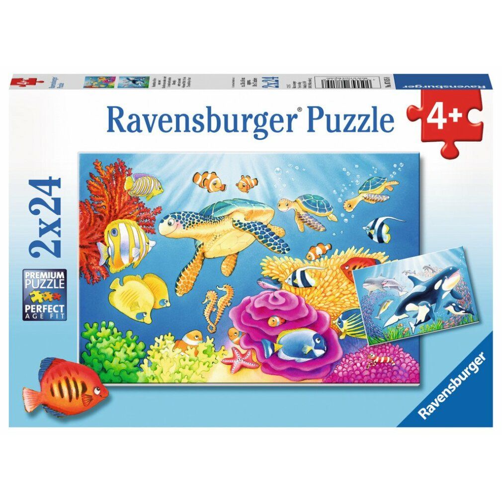 Scatola puzzle con motivo sottomarino. Contiene 2x24 pezzi. Marca: Ravensburger Puzzle. Età consigliata: 4+. Immagine di pesci, tartarughe e coralli.