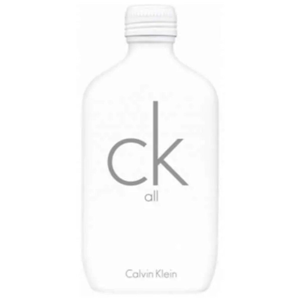 Flacone bianco con tappo argentato. Scritta "ck all" e "Calvin Klein".