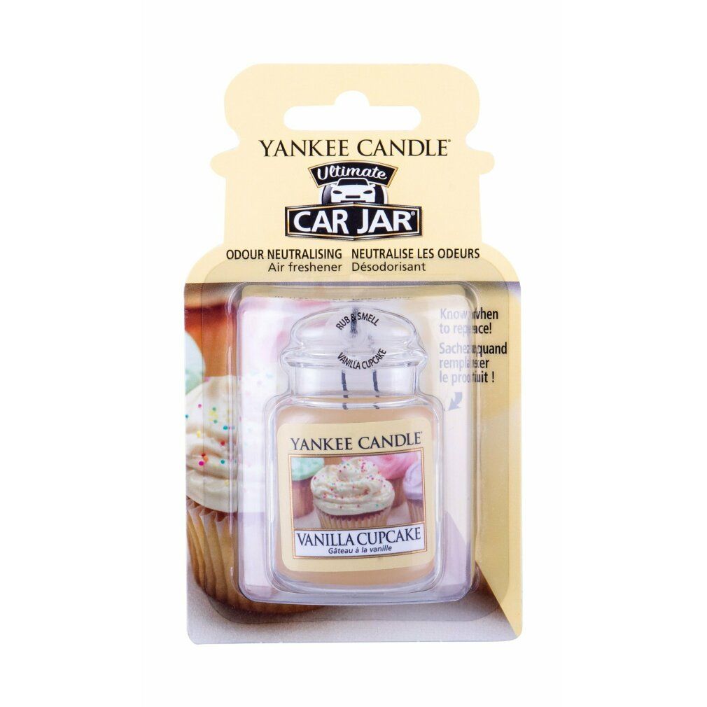 Yankee Candle Car Jar Ultimate, Vanilla Cupcake. Barattolo giallo con gancio. Scritta: Vanilla Cupcake, Gâteau à la Vanille.