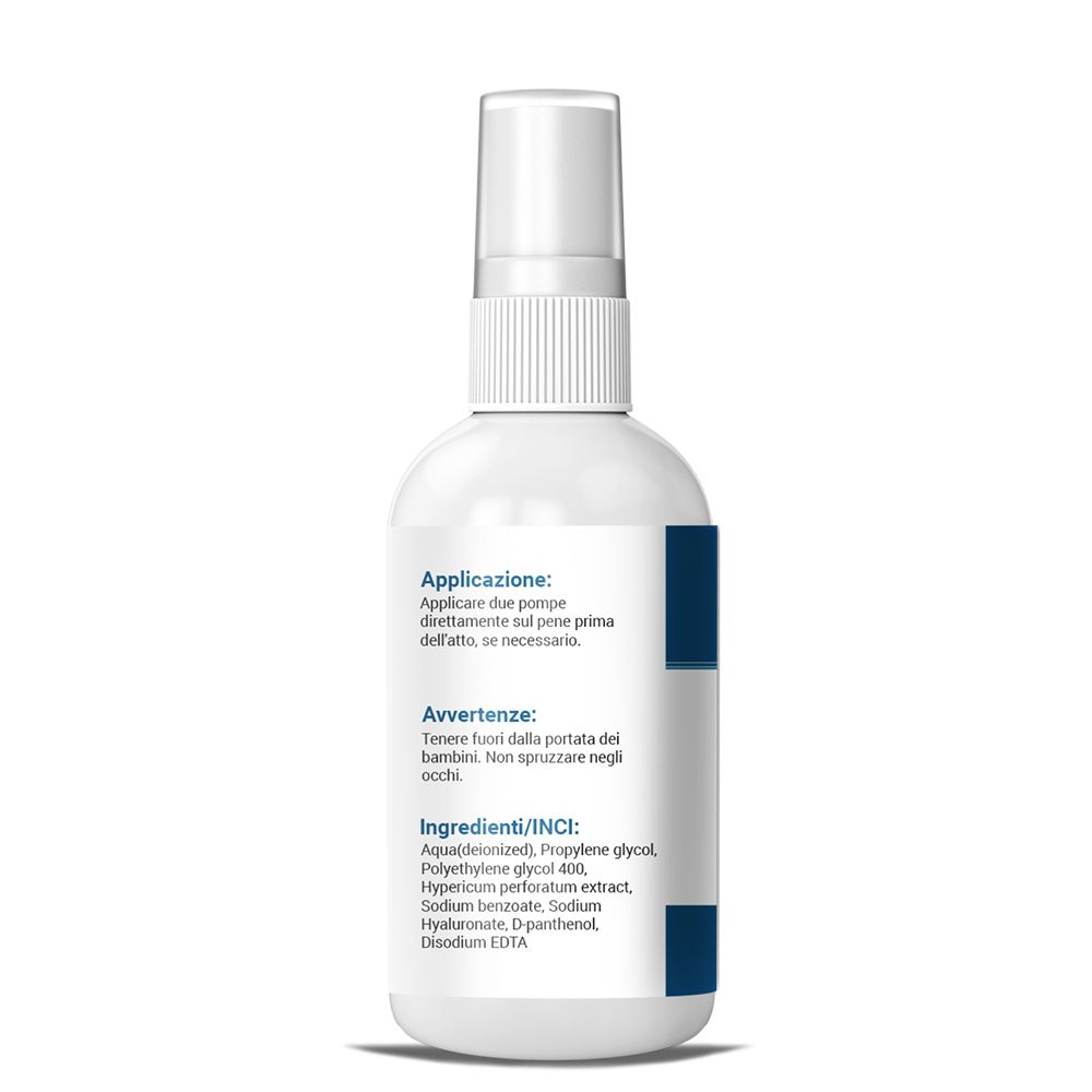 Flacone spray bianco, retro con etichetta blu. Testo: Applicazione, Ingredienti/INCI.