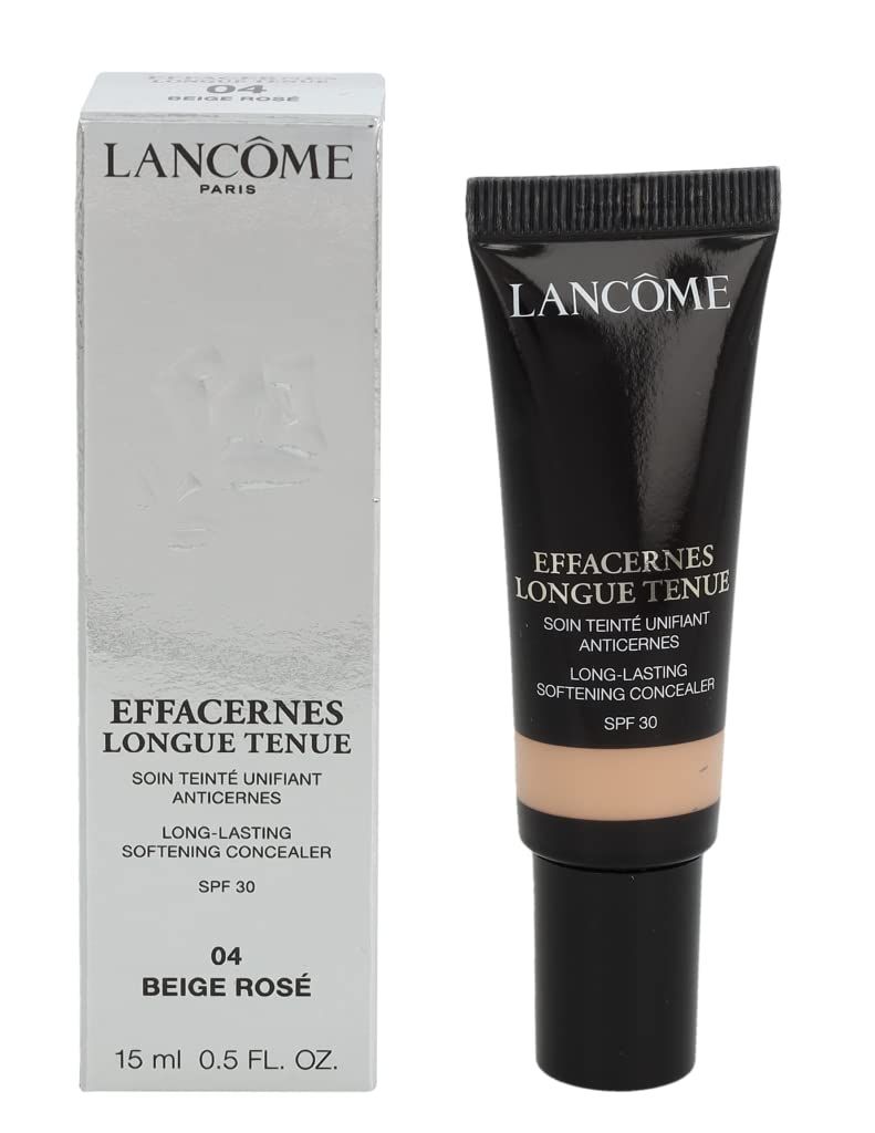 Tubo e scatola di correttore. Scritta: LANCOME, EFFACERNES LONGUE TENUE, 04 BEIGE ROSÉ, SPF 30. Tubo con prodotto beige.