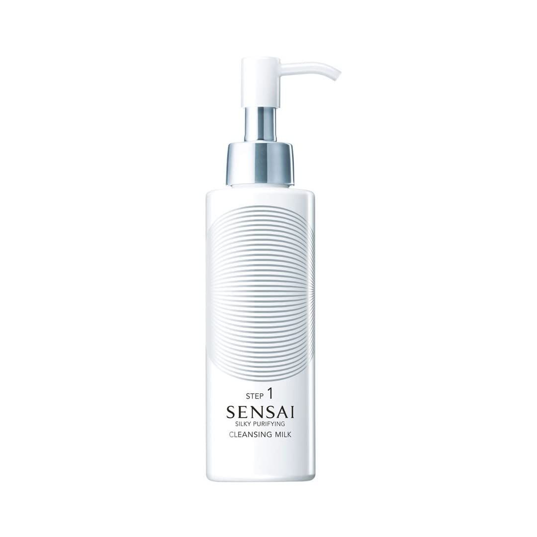 Flacone bianco con dosatore. Testo: STEP 1, SENSAI, SILKY PURIFYING, CLEANSING MILK.