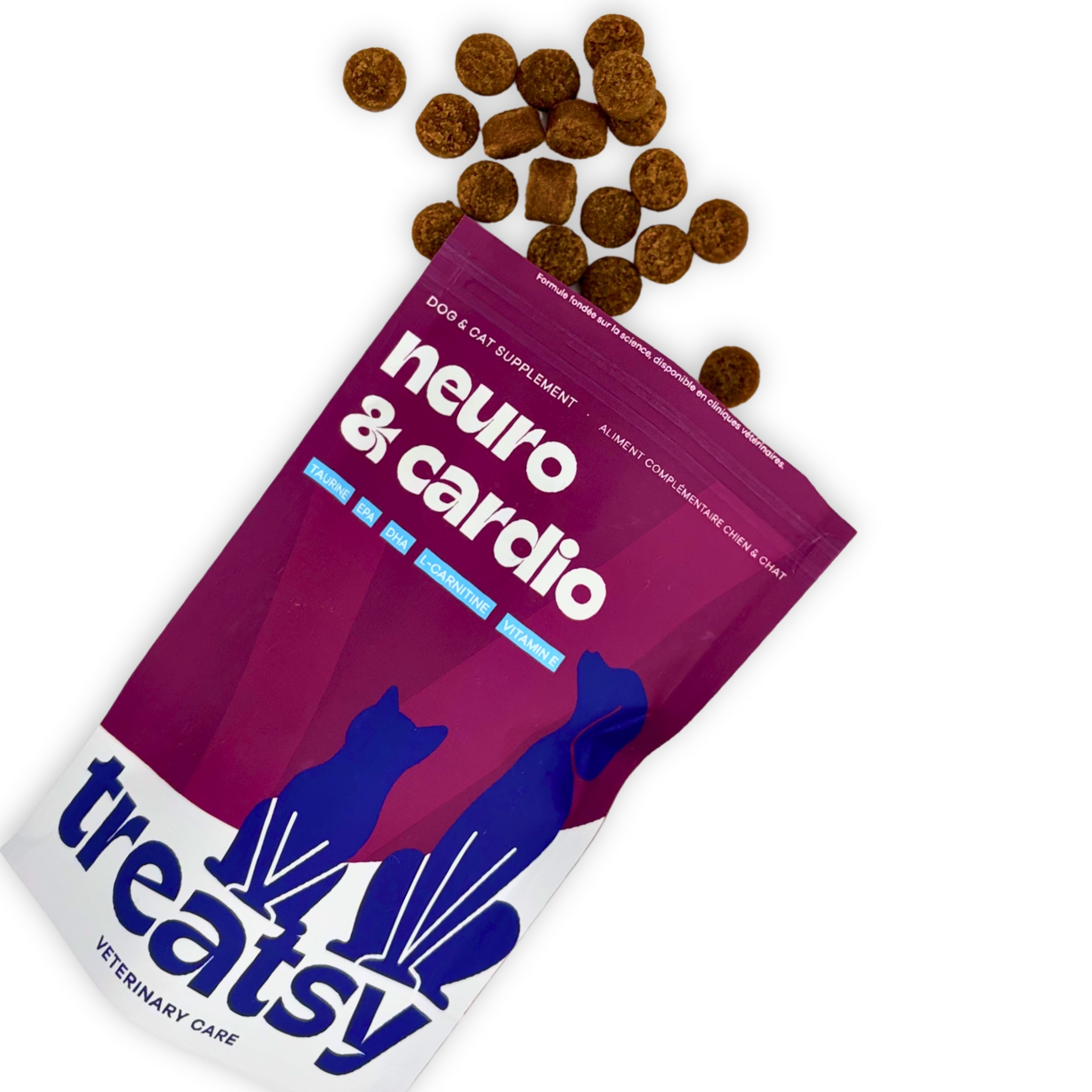 Sacchetto di snack. Scritta: Neuro & Cardio. Marchio: Treatsy. Per cani e gatti. Snack marroni che cadono dal sacchetto.