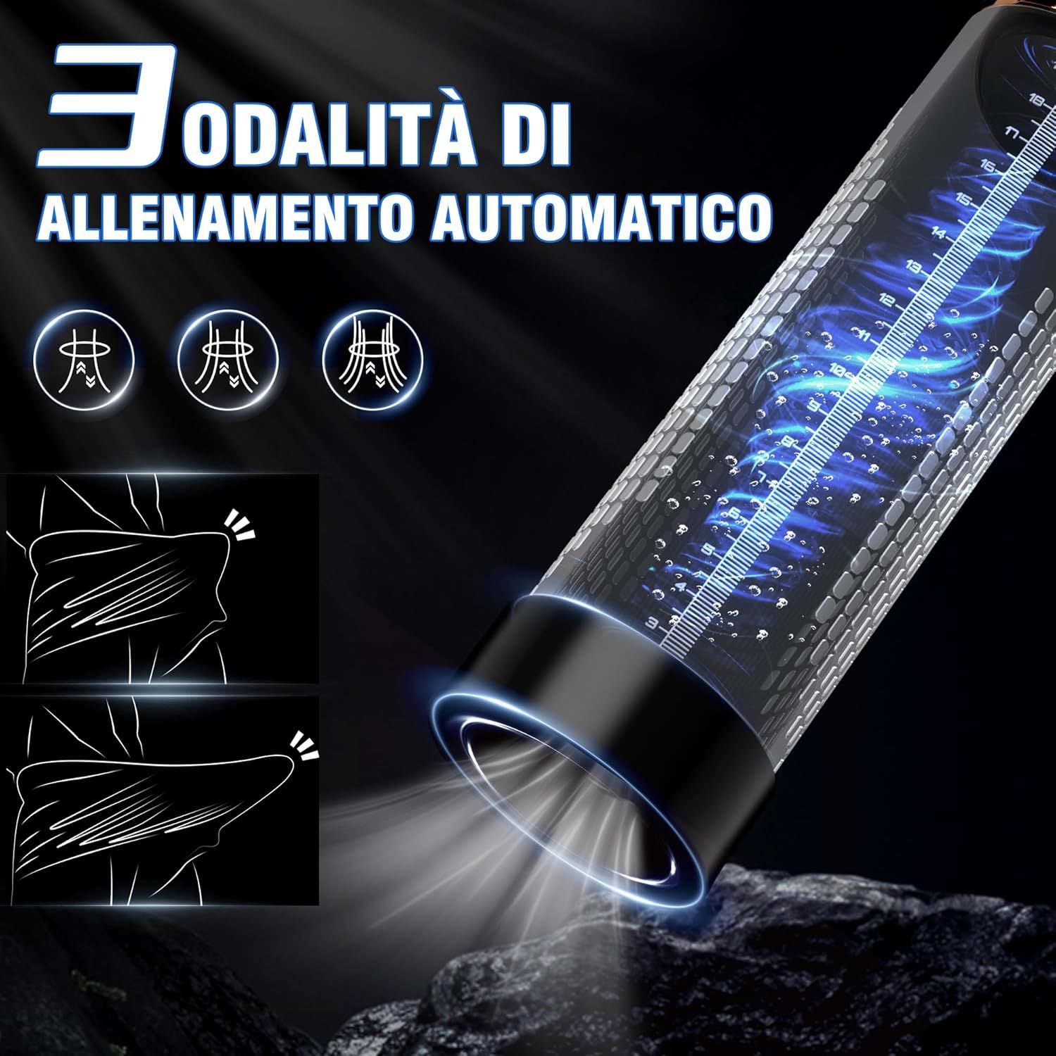 Pompa con display digitale. Mostra 3 modalità di allenamento automatiche. Corpo nero con dettagli dorati.